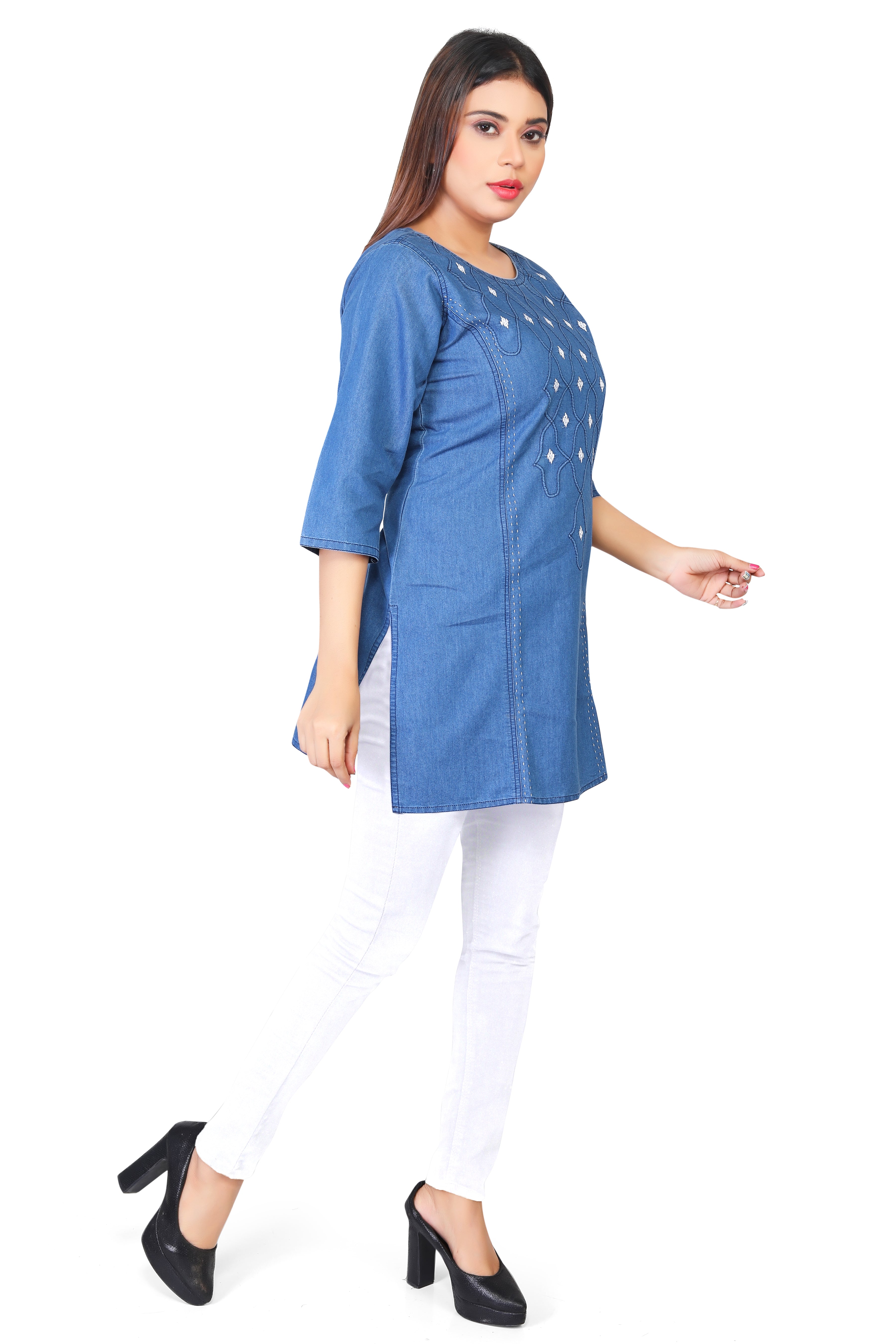 Denim Dori Embroidered butta Round Neck Kurti