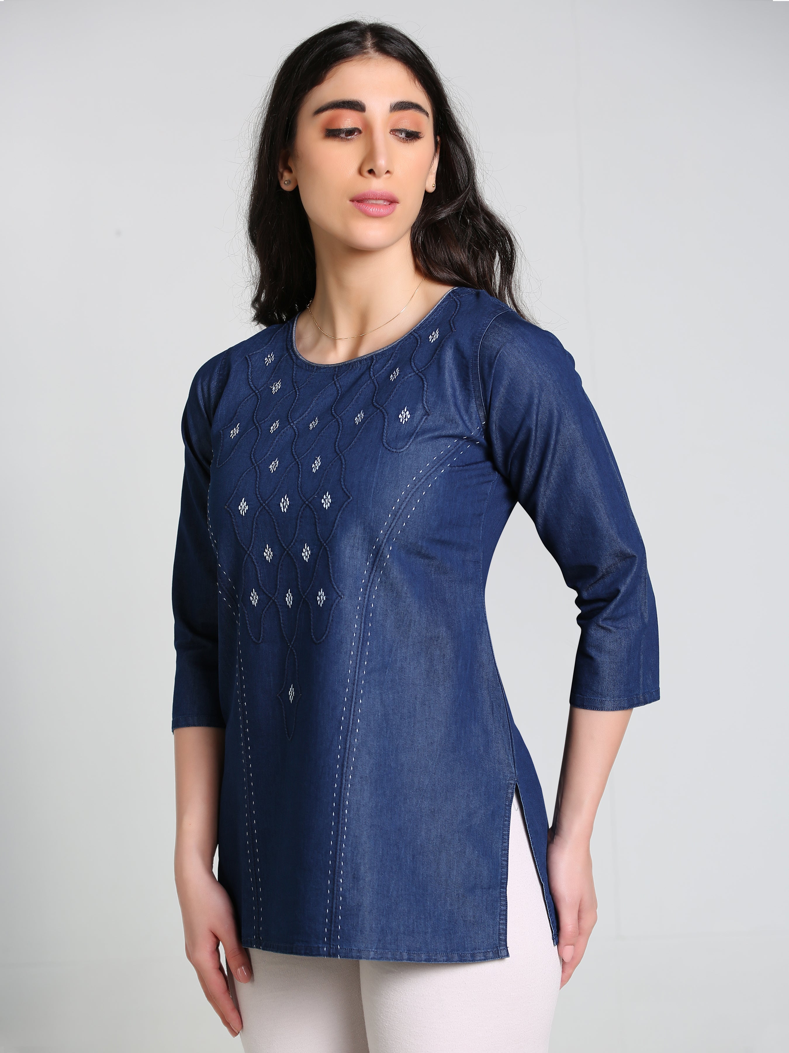 Denim Dori Embroidered butta Round Neck Kurti