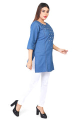 Denim Dori Embroidered butta Round Neck Kurti