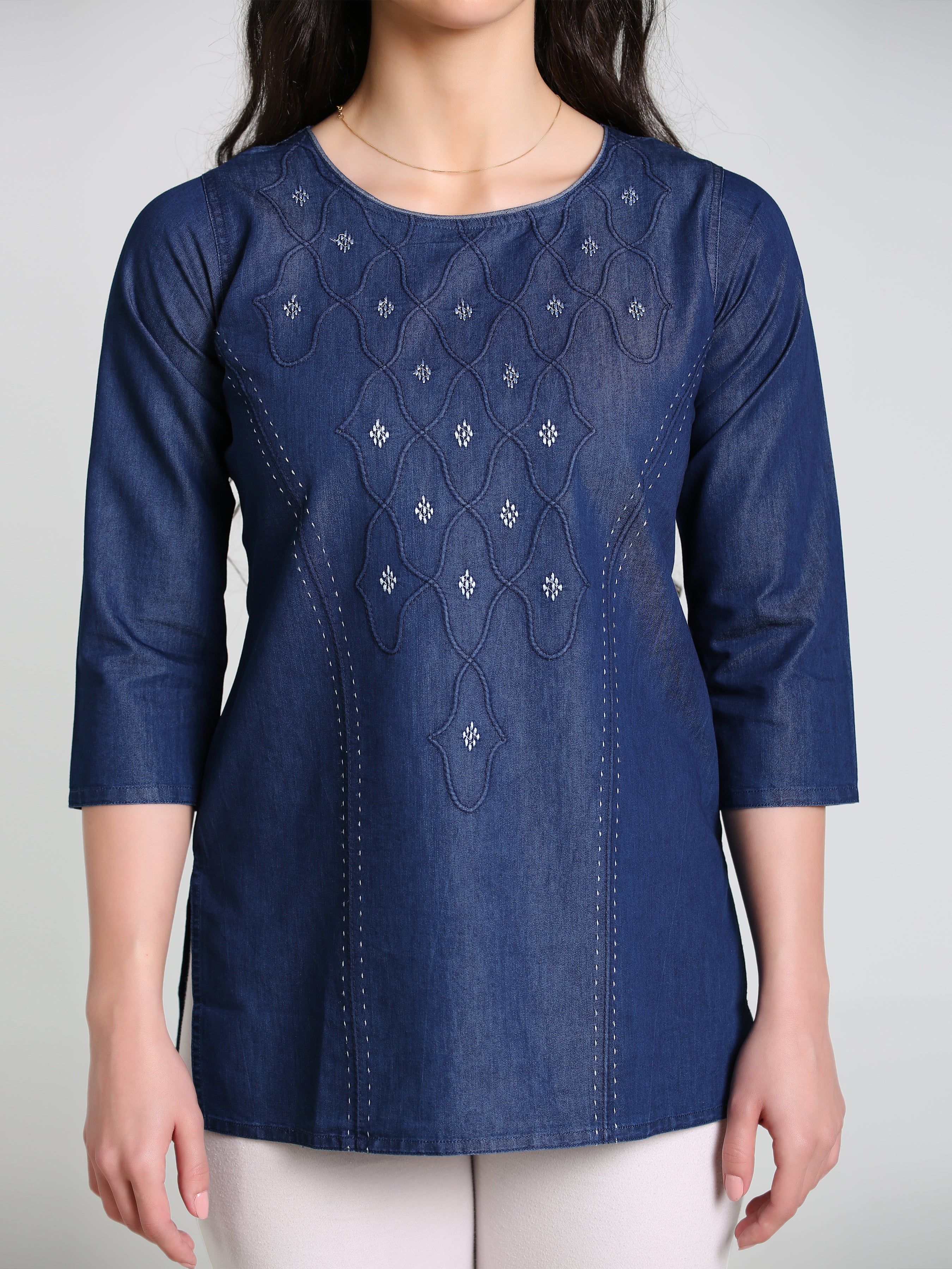 Denim Dori Embroidered butta Round Neck Kurti