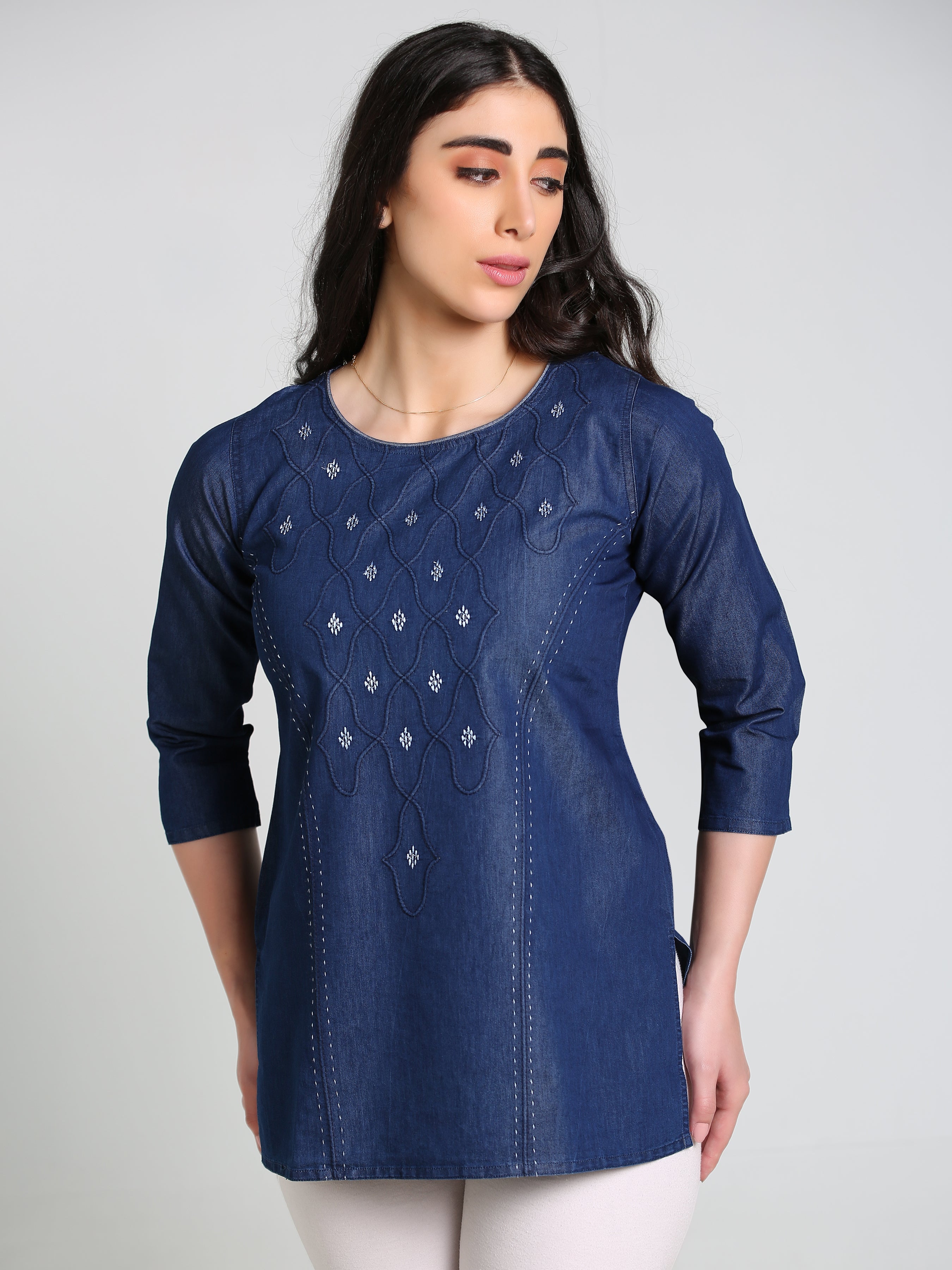 Denim Dori Embroidered butta Round Neck Kurti