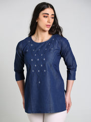 Denim Dori Embroidered butta Round Neck Kurti