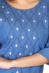 Denim Dori Embroidered butta Round Neck Kurti
