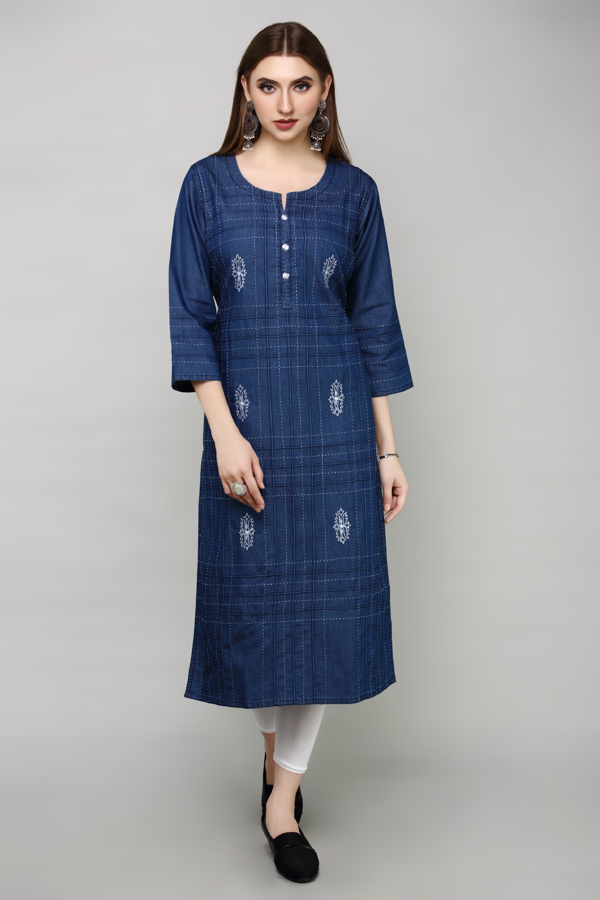 Denim Butta Embroidered Dori Kantha work Round Neck Kurta