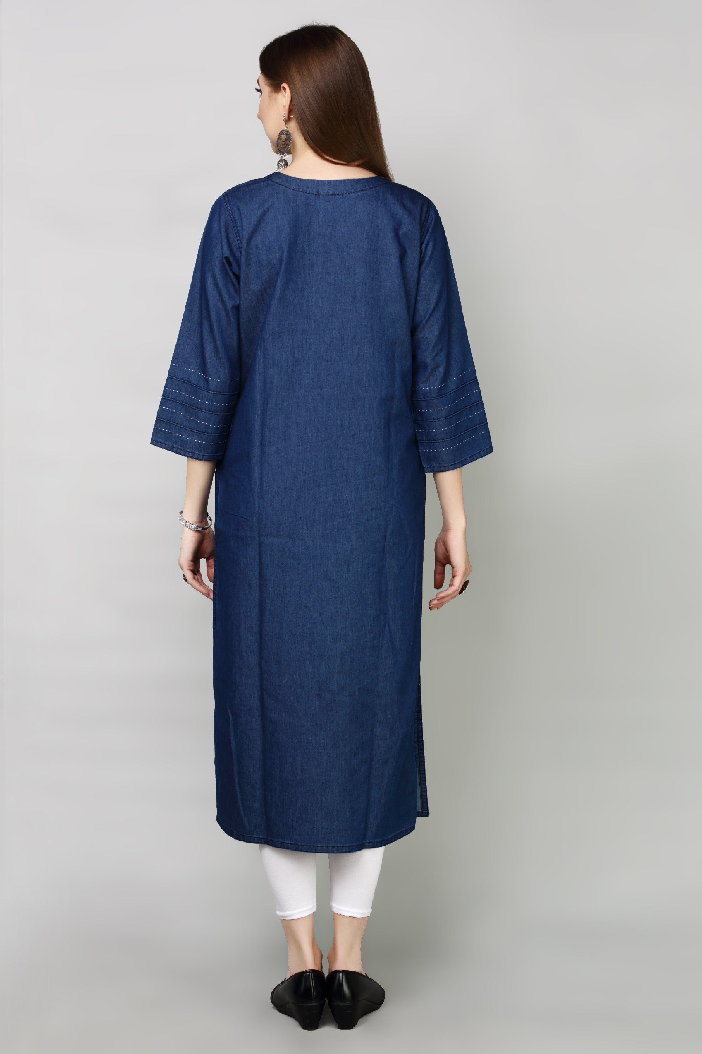 Denim Butta Embroidered Dori Kantha work Round Neck Kurta