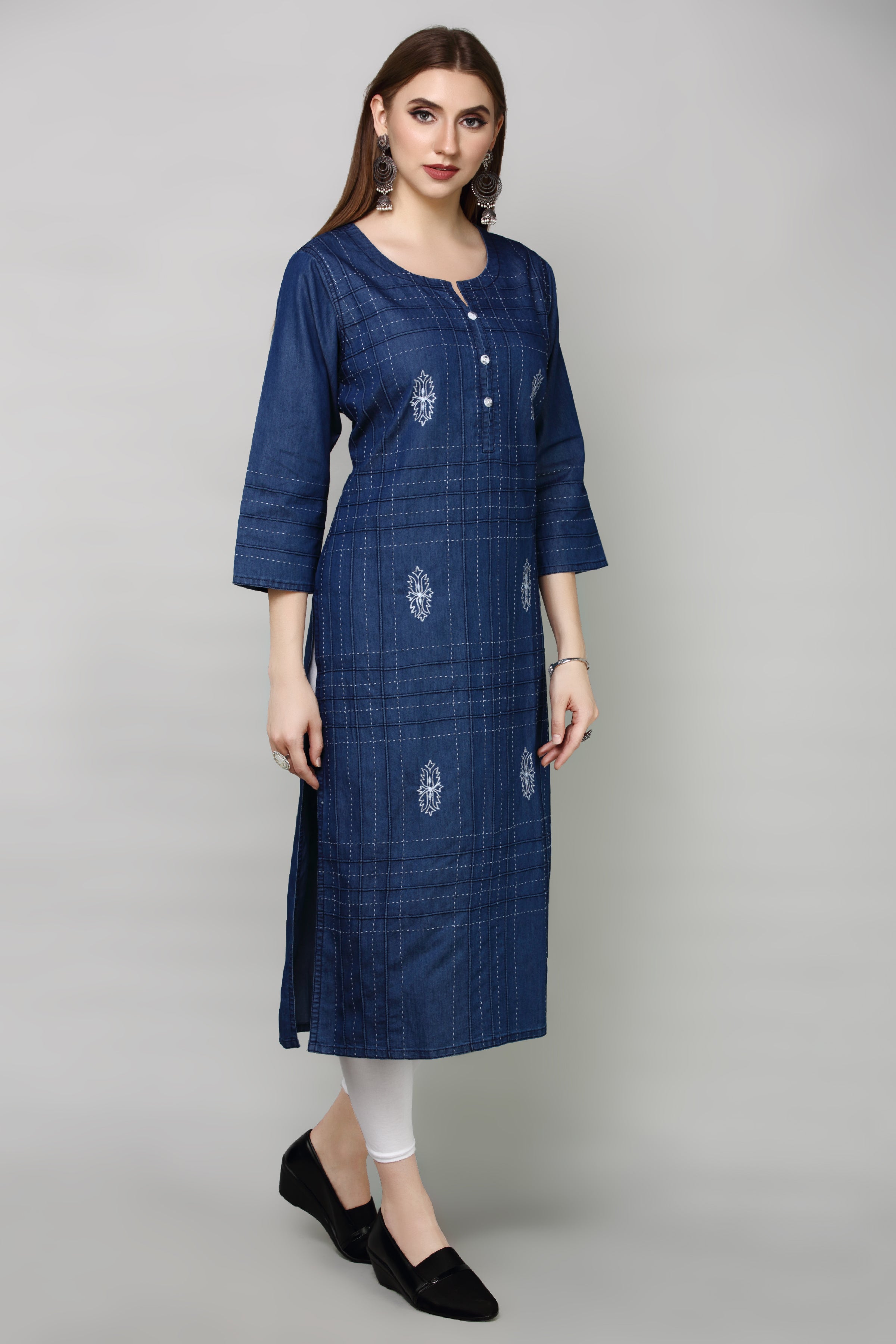 Denim Butta Embroidered Dori Kantha work Round Neck Kurta