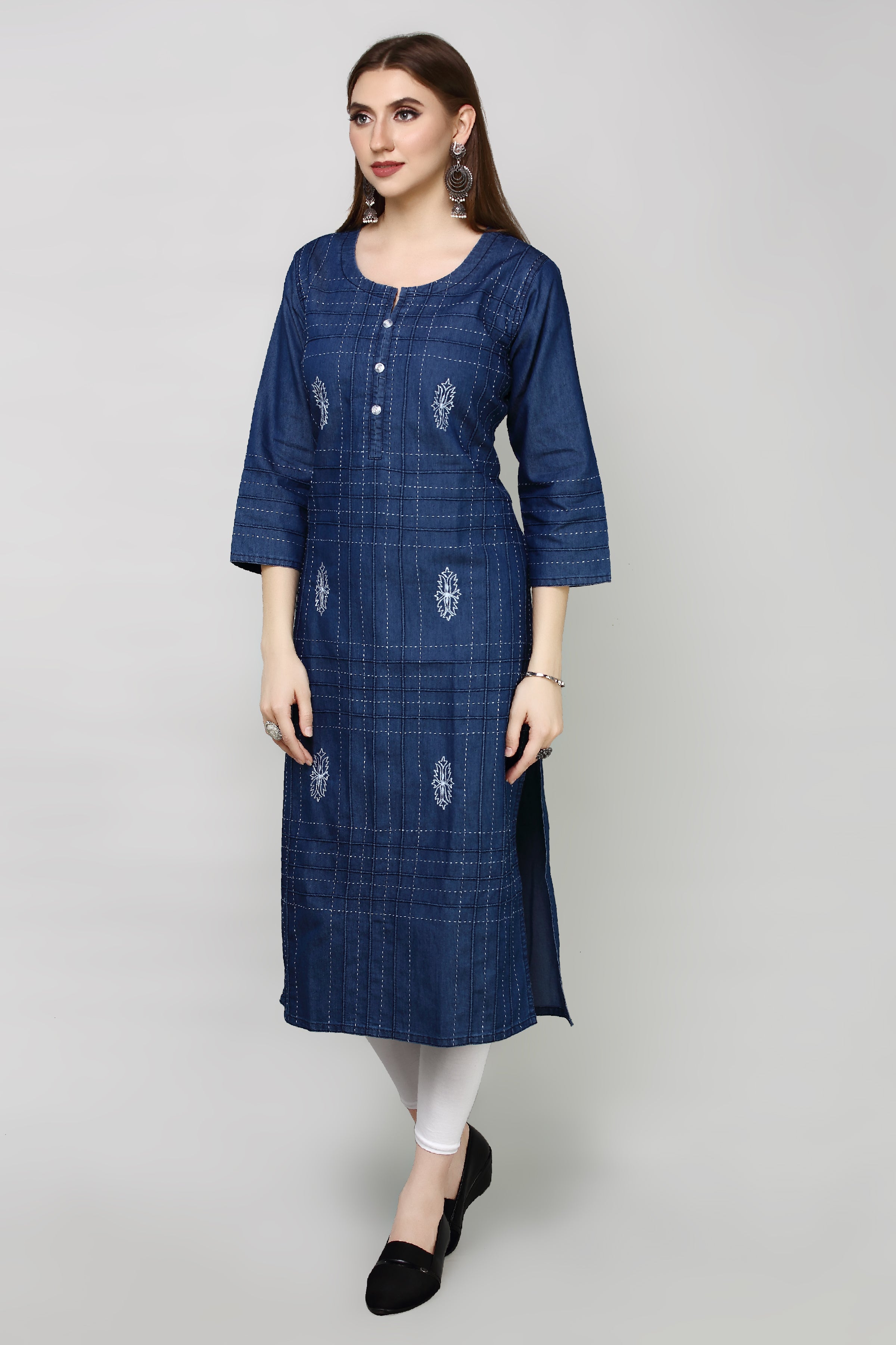Denim Butta Embroidered Dori Kantha work Round Neck Kurta