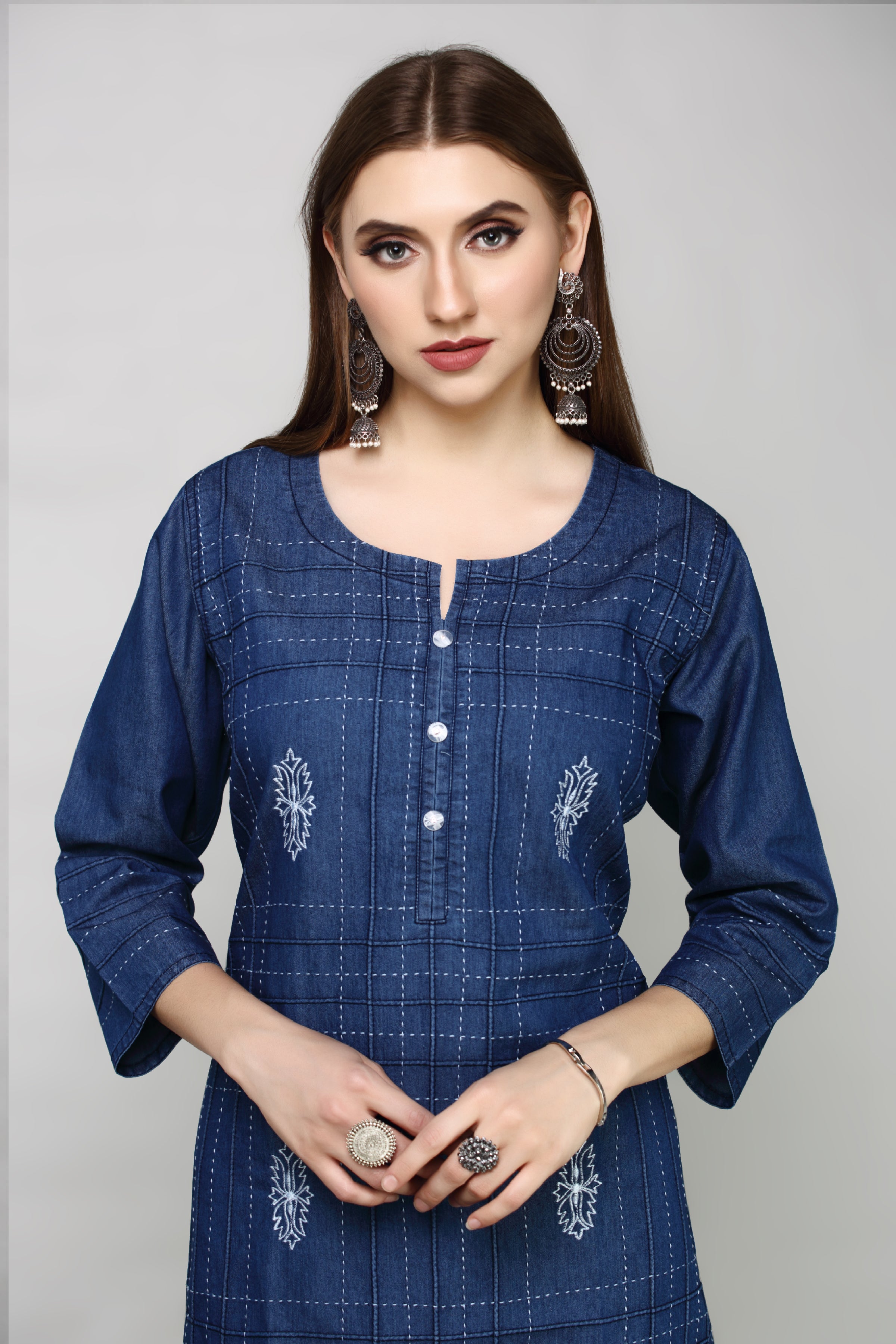 Denim Butta Embroidered Dori Kantha work Round Neck Kurta