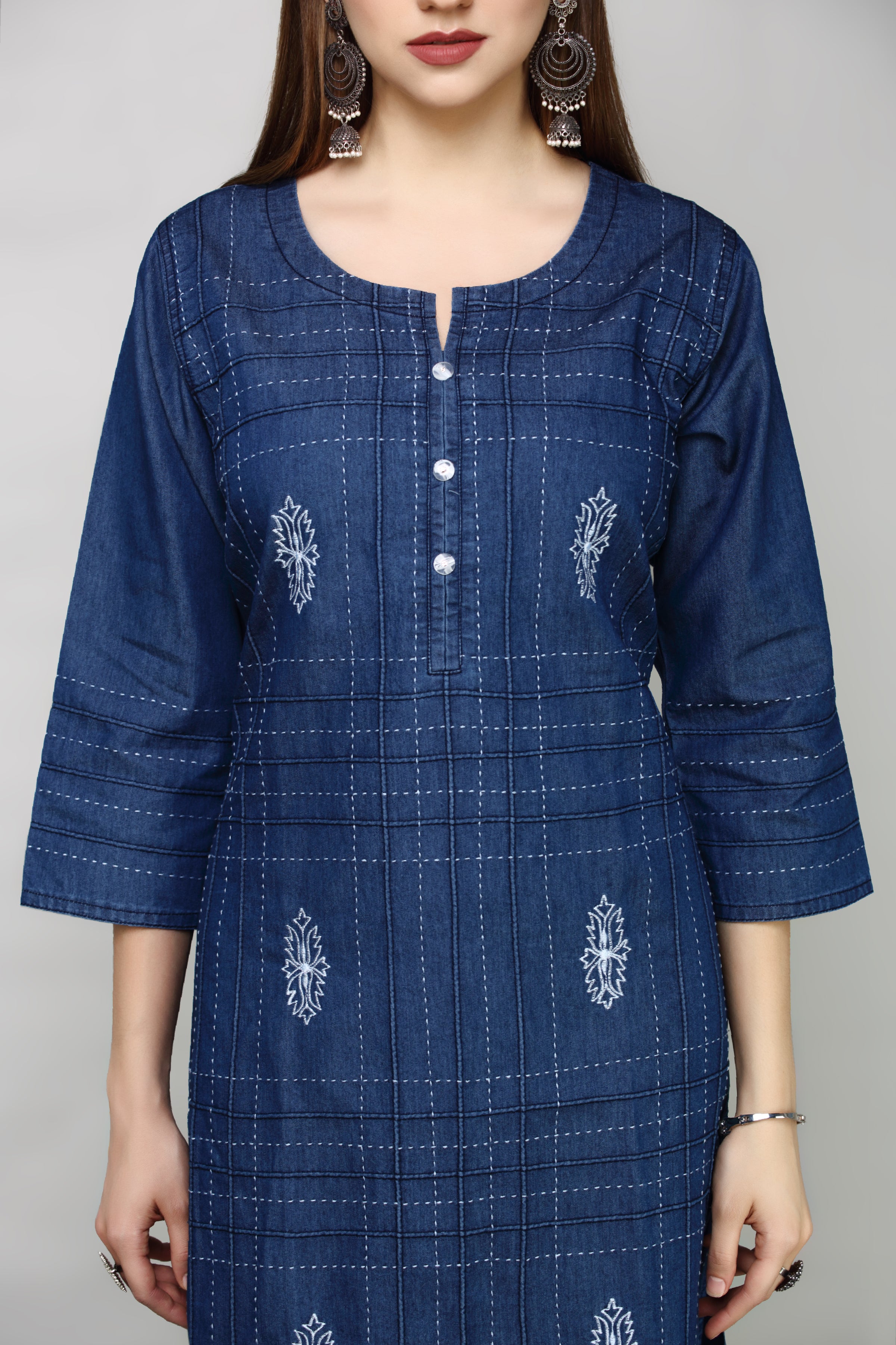 Denim Butta Embroidered Dori Kantha work Round Neck Kurta