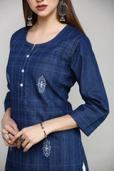 Denim Butta Embroidered Dori Kantha work Round Neck Kurta