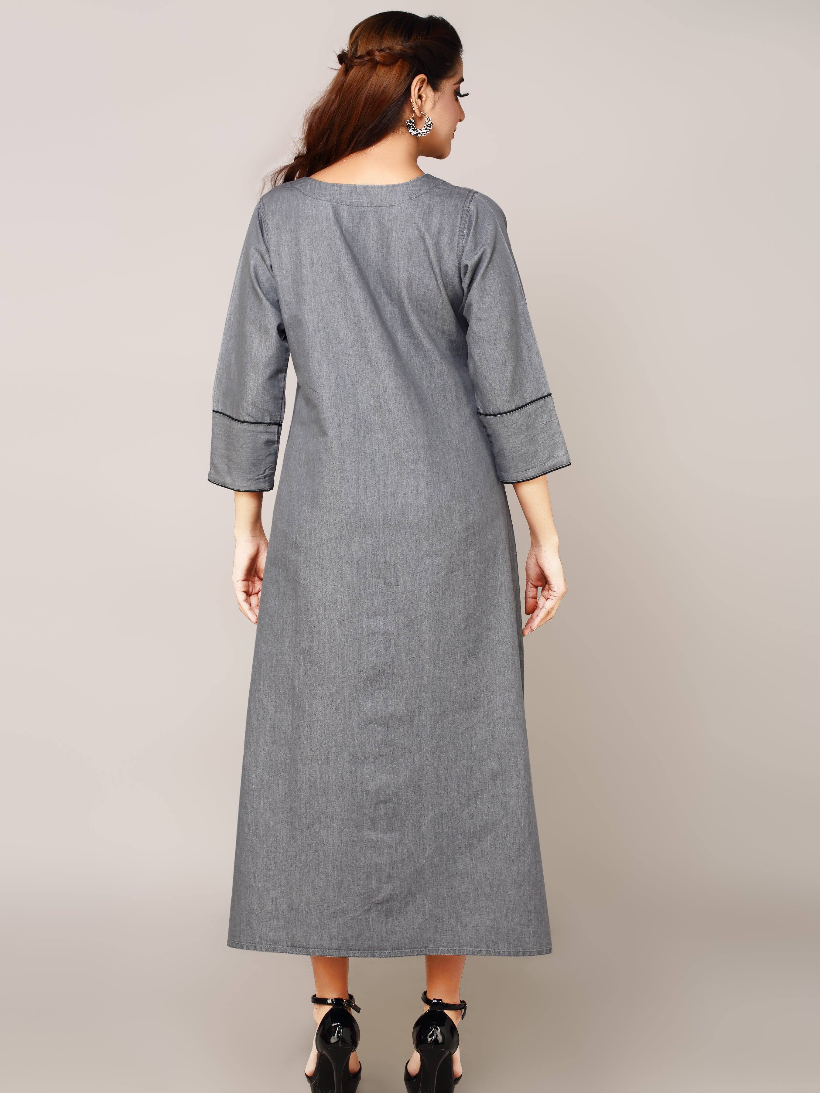 Grey Denim Solid Pintux Cod-dori Kurta Patti Round Neck A Line Dress