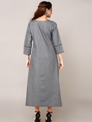 Grey Denim Solid Pintux Cod-dori Kurta Patti Round Neck A Line Dress