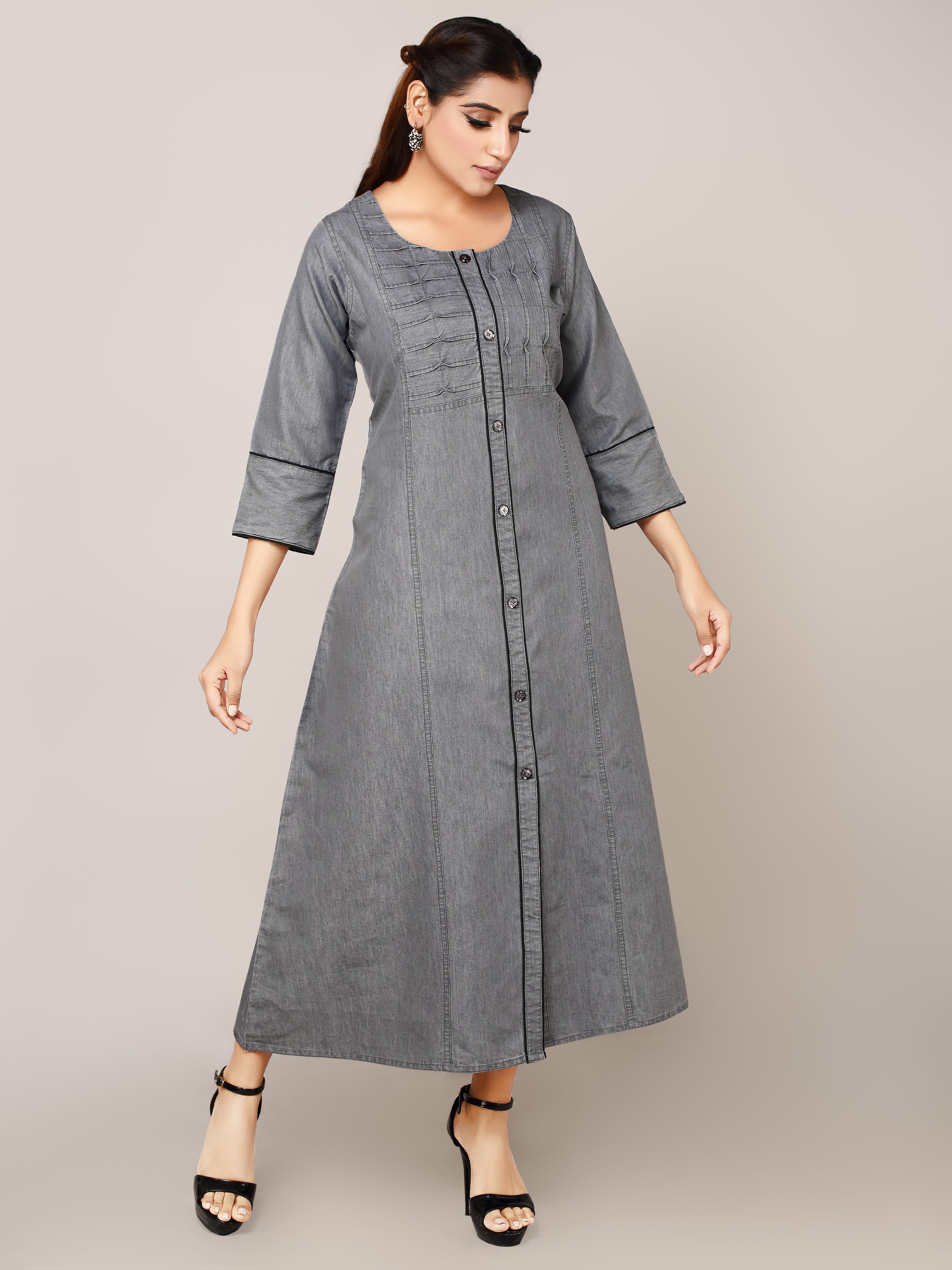 Grey Denim Solid Pintux Cod-dori Kurta Patti Round Neck A Line Dress