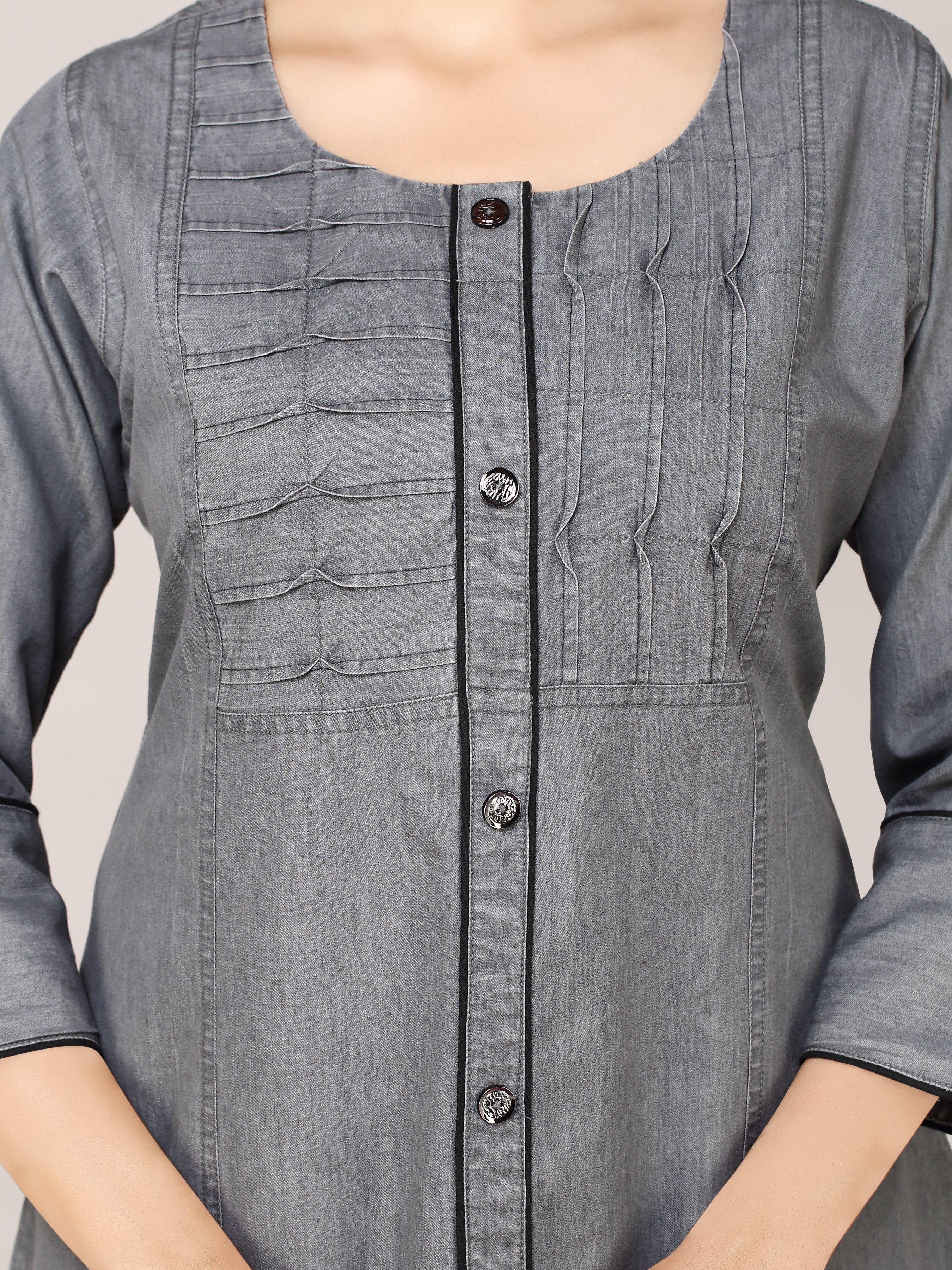 Grey Denim Solid Pintux Cod-dori Kurta Patti Round Neck A Line Dress