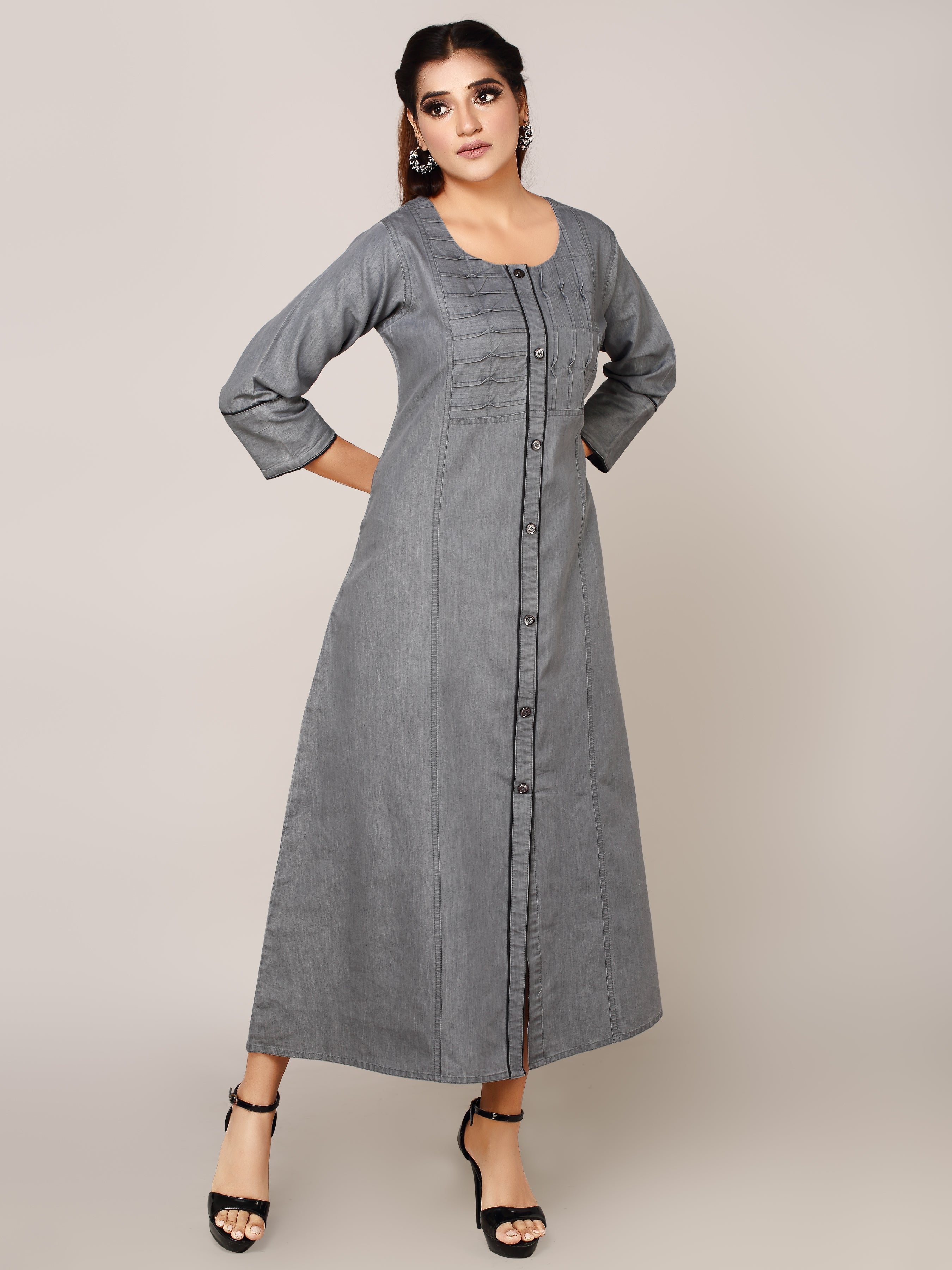 Grey Denim Solid Pintux Cod-dori Kurta Patti Round Neck A Line Dress