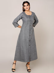 Grey Denim Solid Pintux Cod-dori Kurta Patti Round Neck A Line Dress