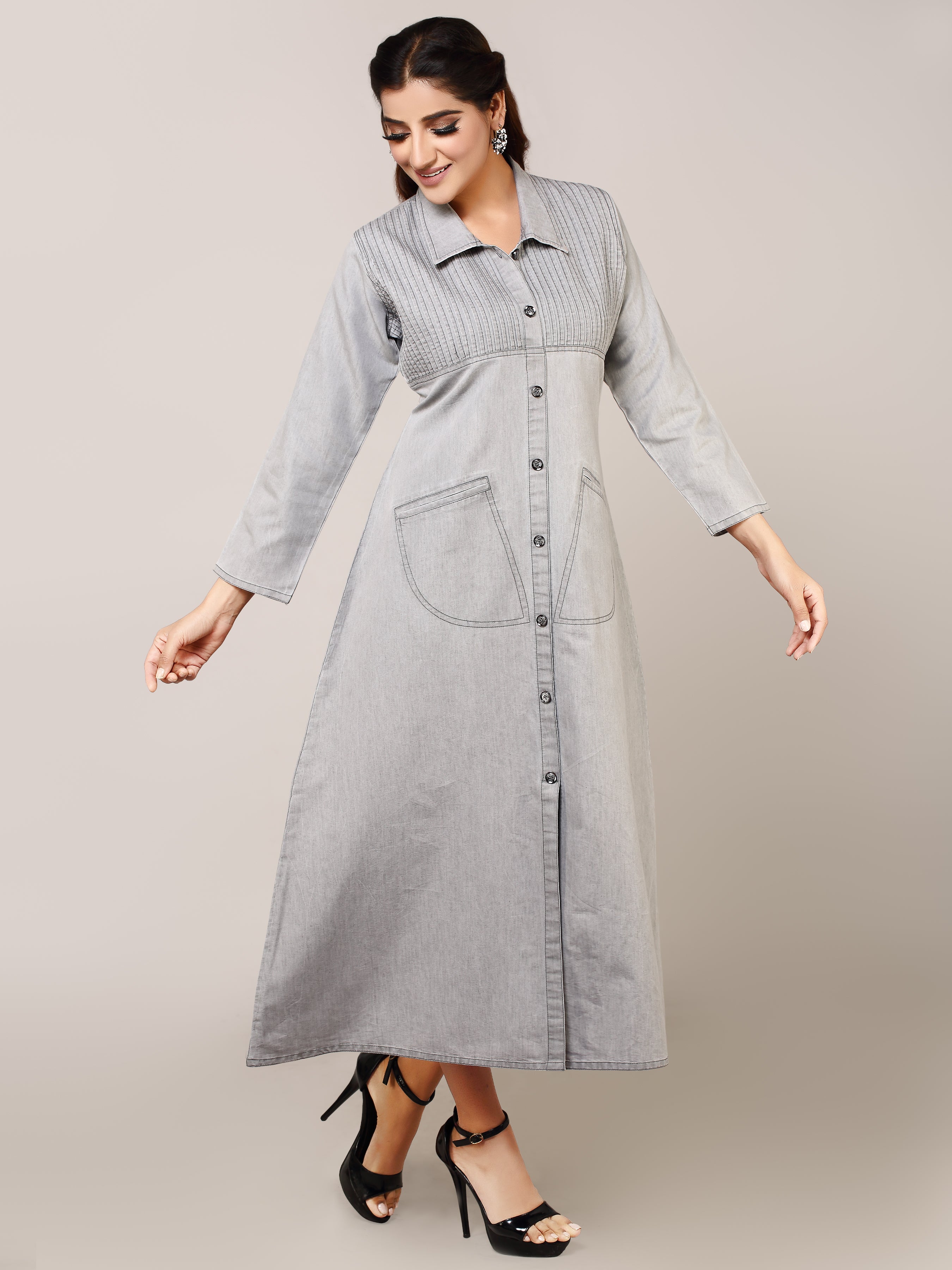 Denim Solid Pintux Shirt Collar A Line Dress
