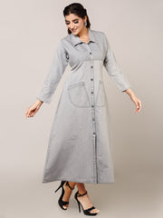 Denim Solid Pintux Shirt Collar A Line Dress