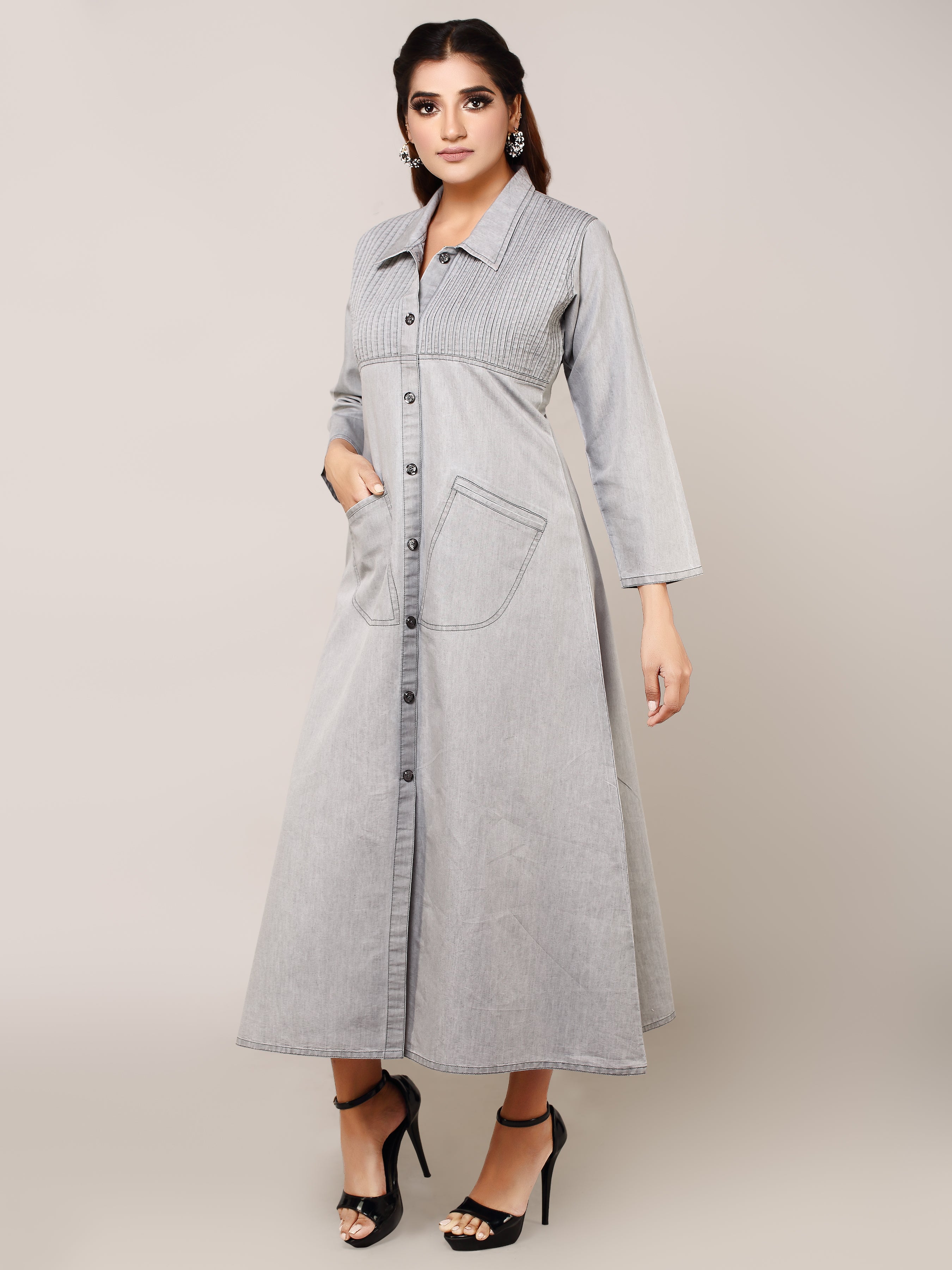 Denim Solid Pintux Shirt Collar A Line Dress