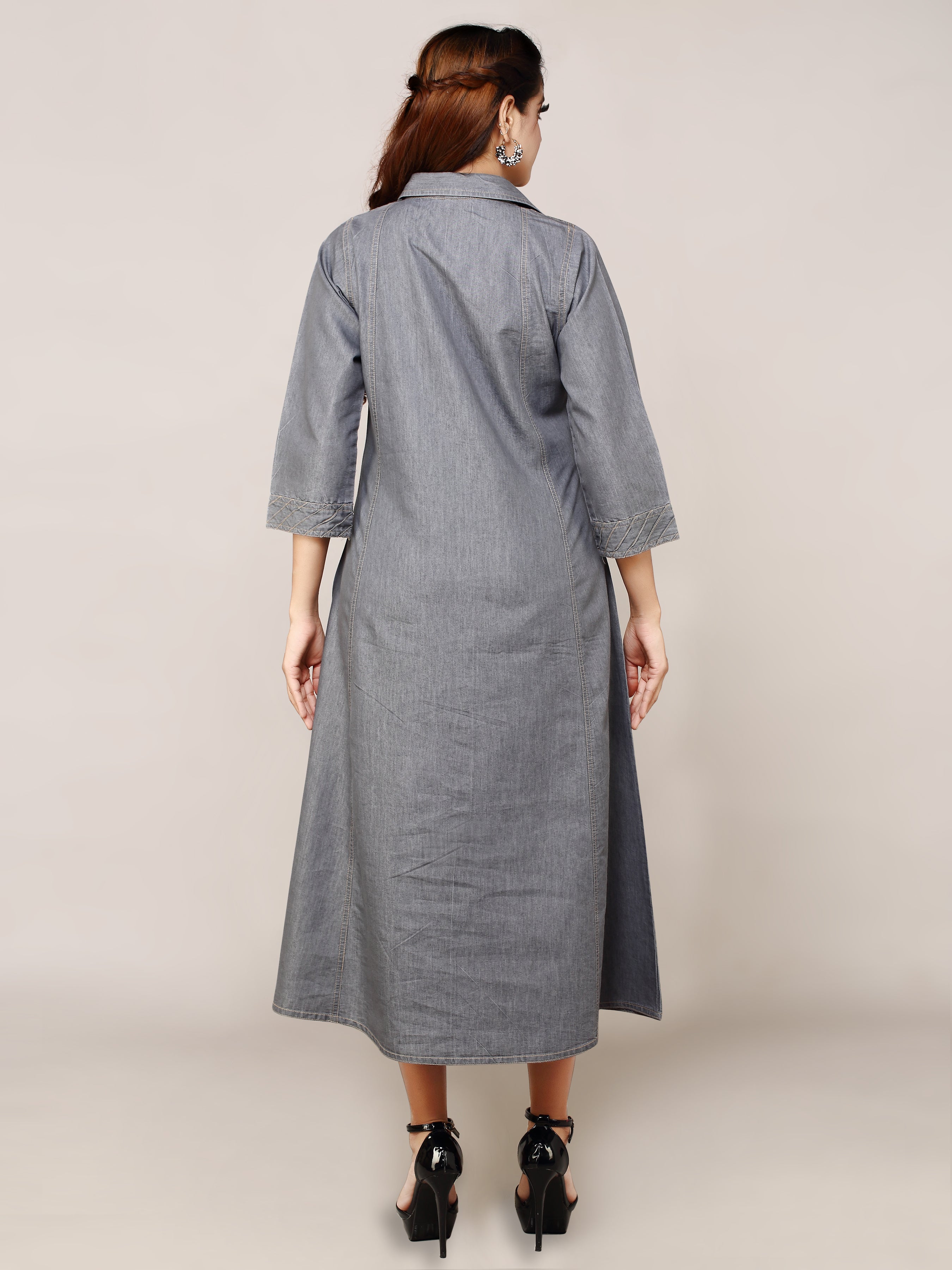 Grey Denim Solid Shirt Collar A Line Dress