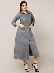 Grey Denim Solid Shirt Collar A Line Dress