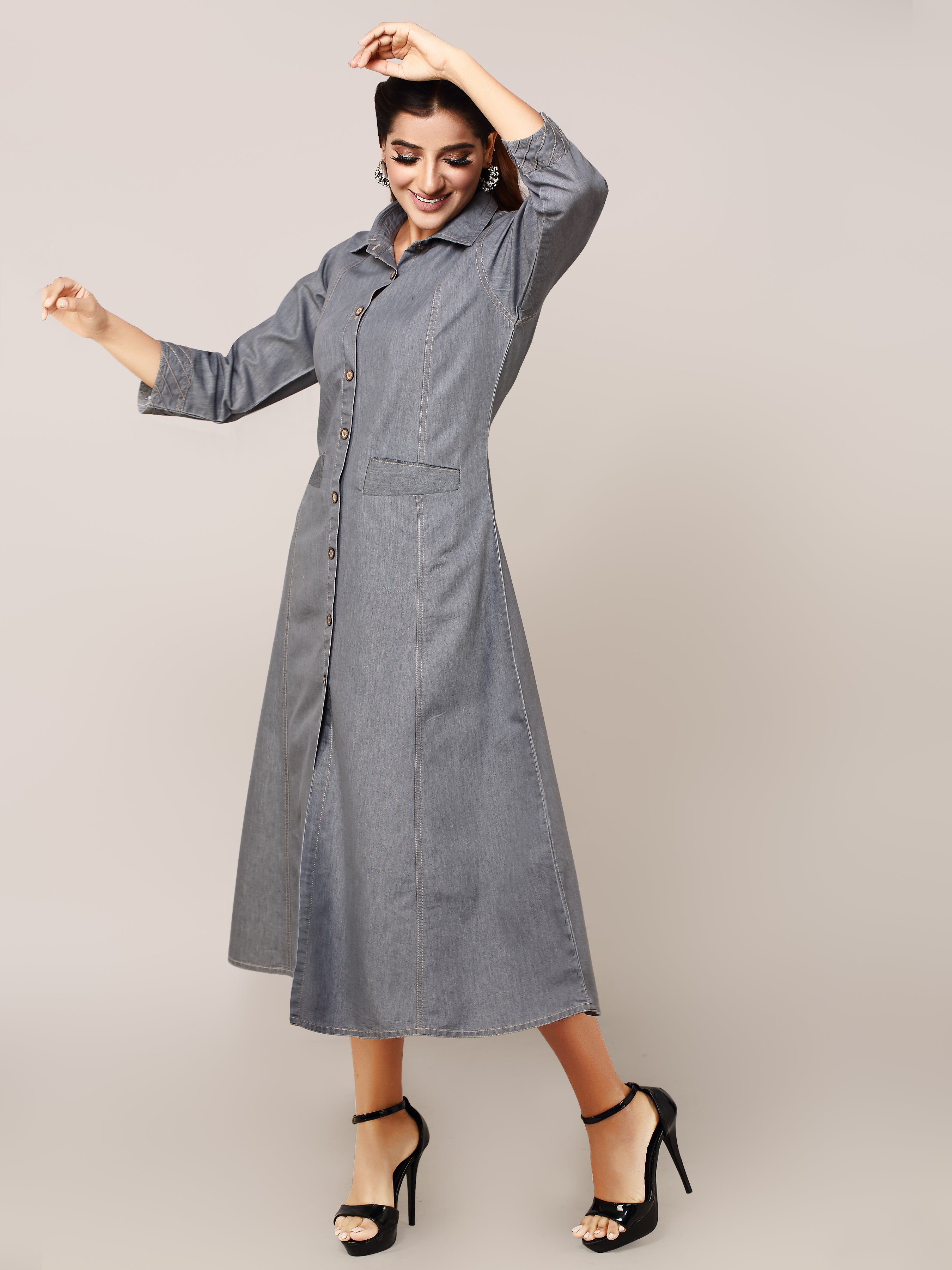 Grey Denim Solid Shirt Collar A Line Dress