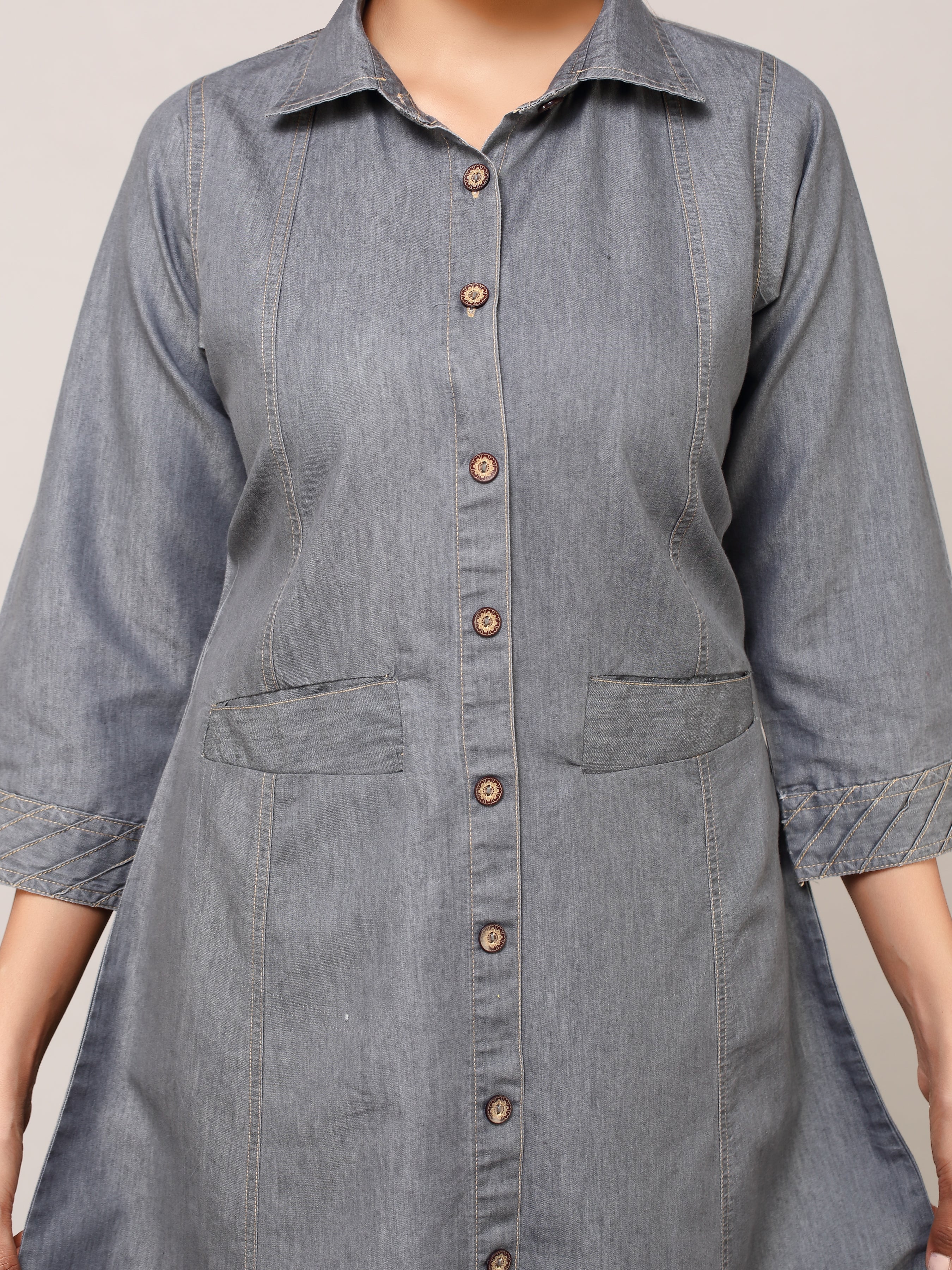 Grey Denim Solid Shirt Collar A Line Dress