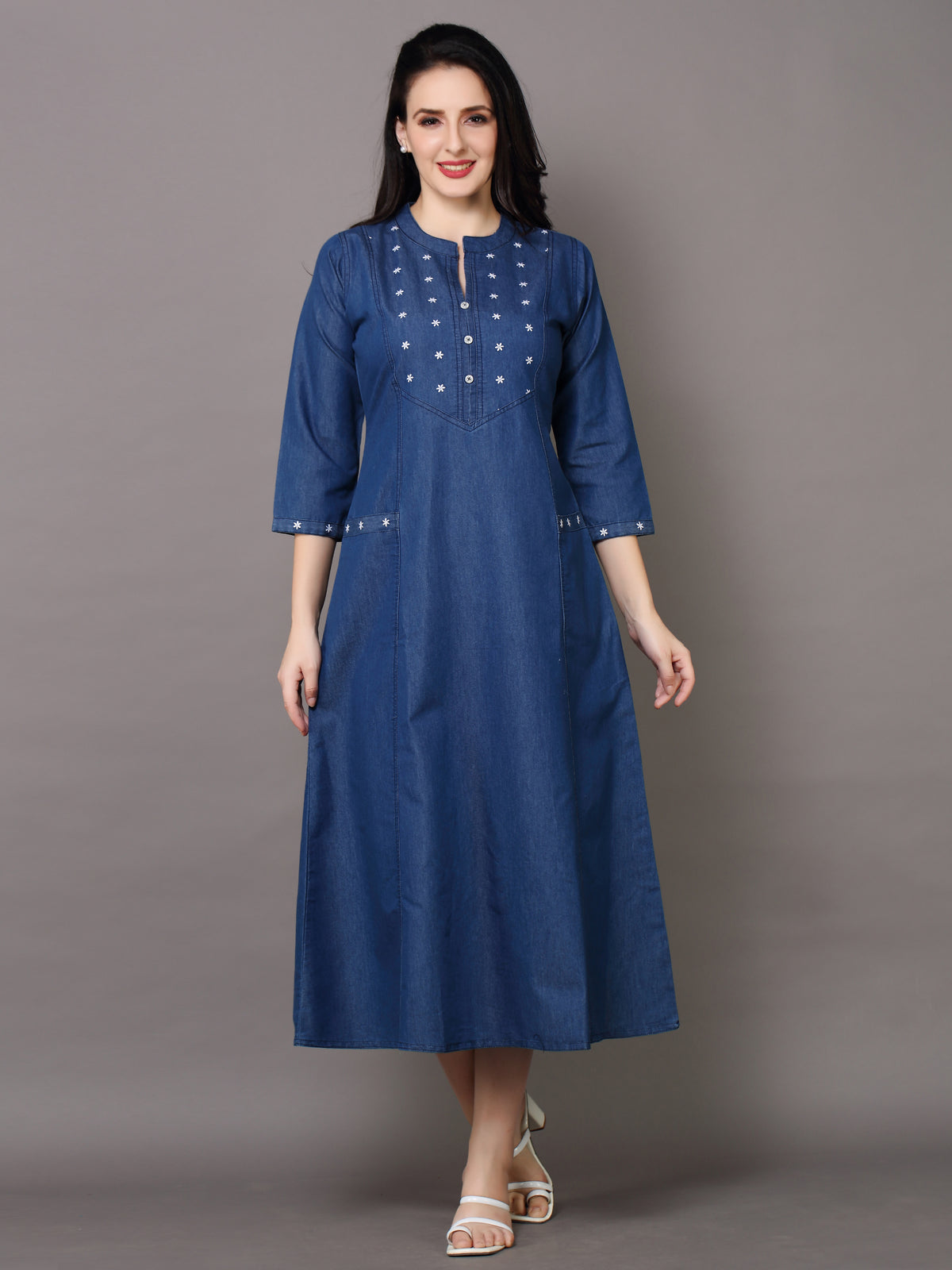 Denim Star Embroidered Mandarine Collar A Line Dress