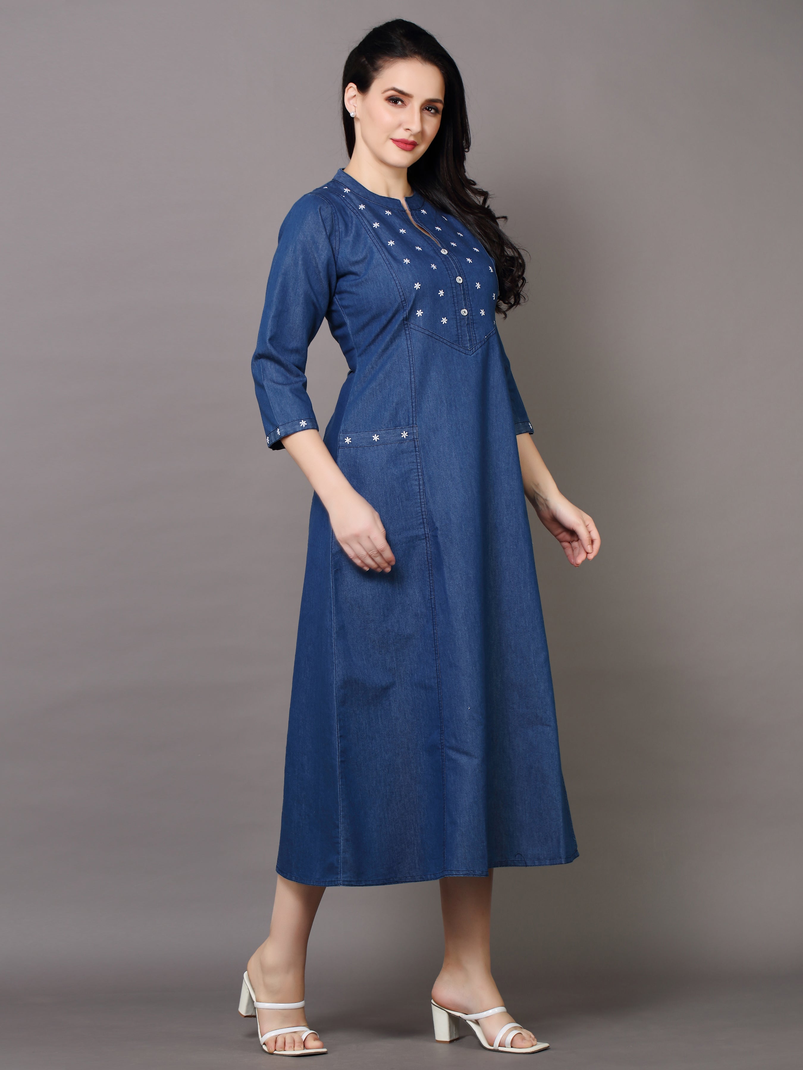 Denim Star Embroidered Mandarine Collar A Line Dress
