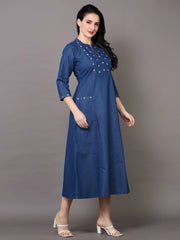 Denim Star Embroidered Mandarine Collar A Line Dress