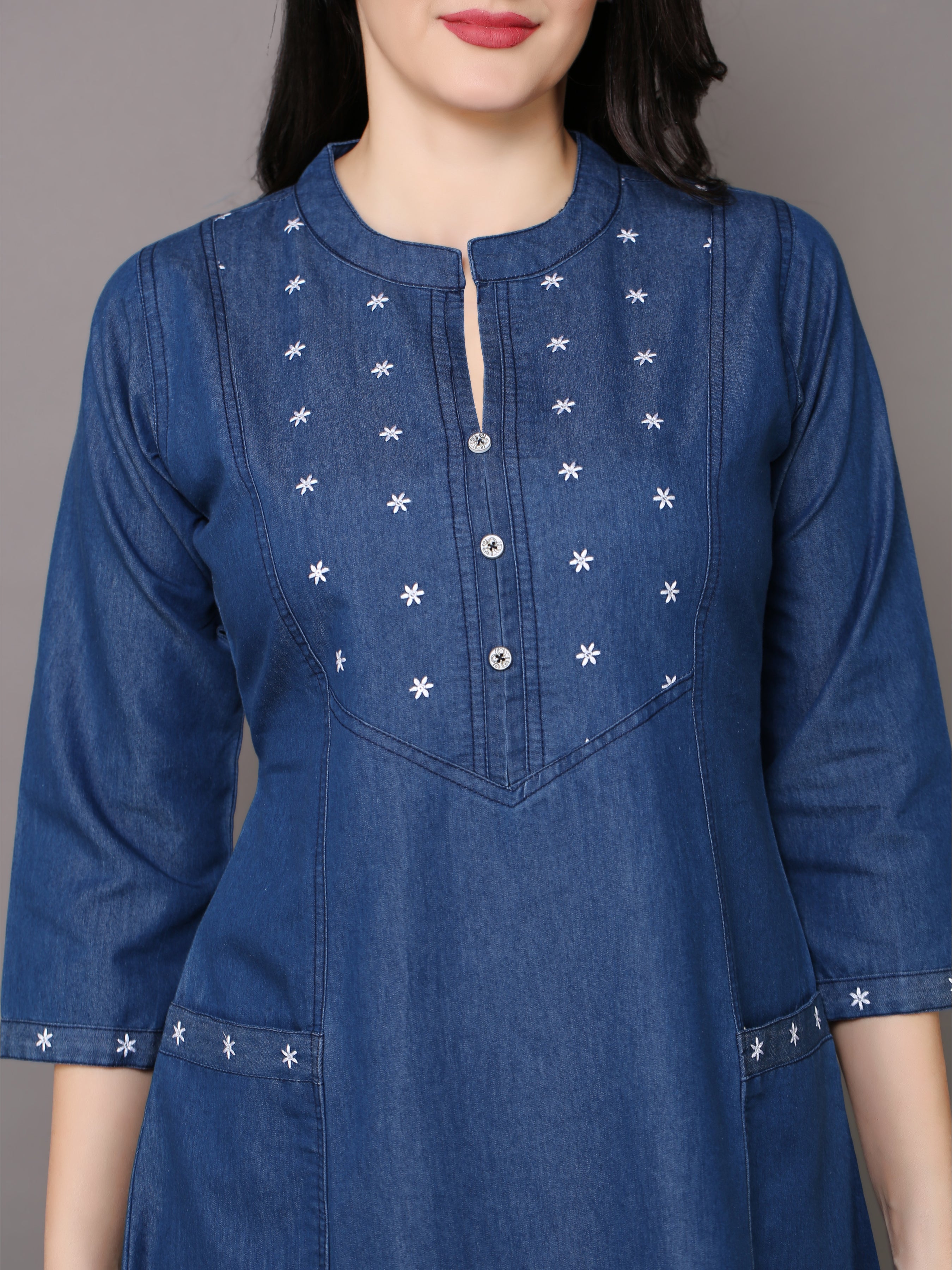 Denim Star Embroidered Mandarine Collar A Line Dress