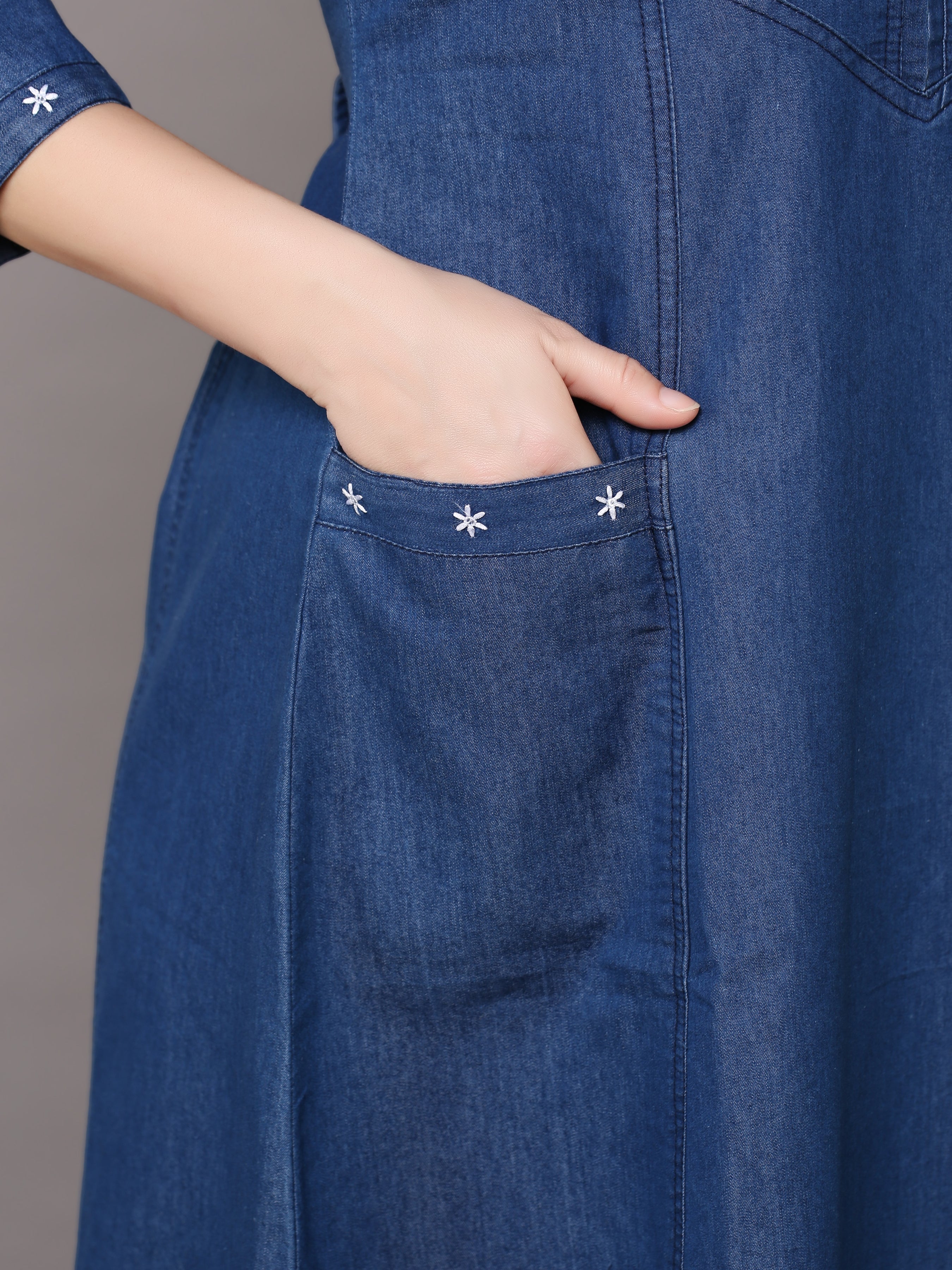 Denim Star Embroidered Mandarine Collar A Line Dress