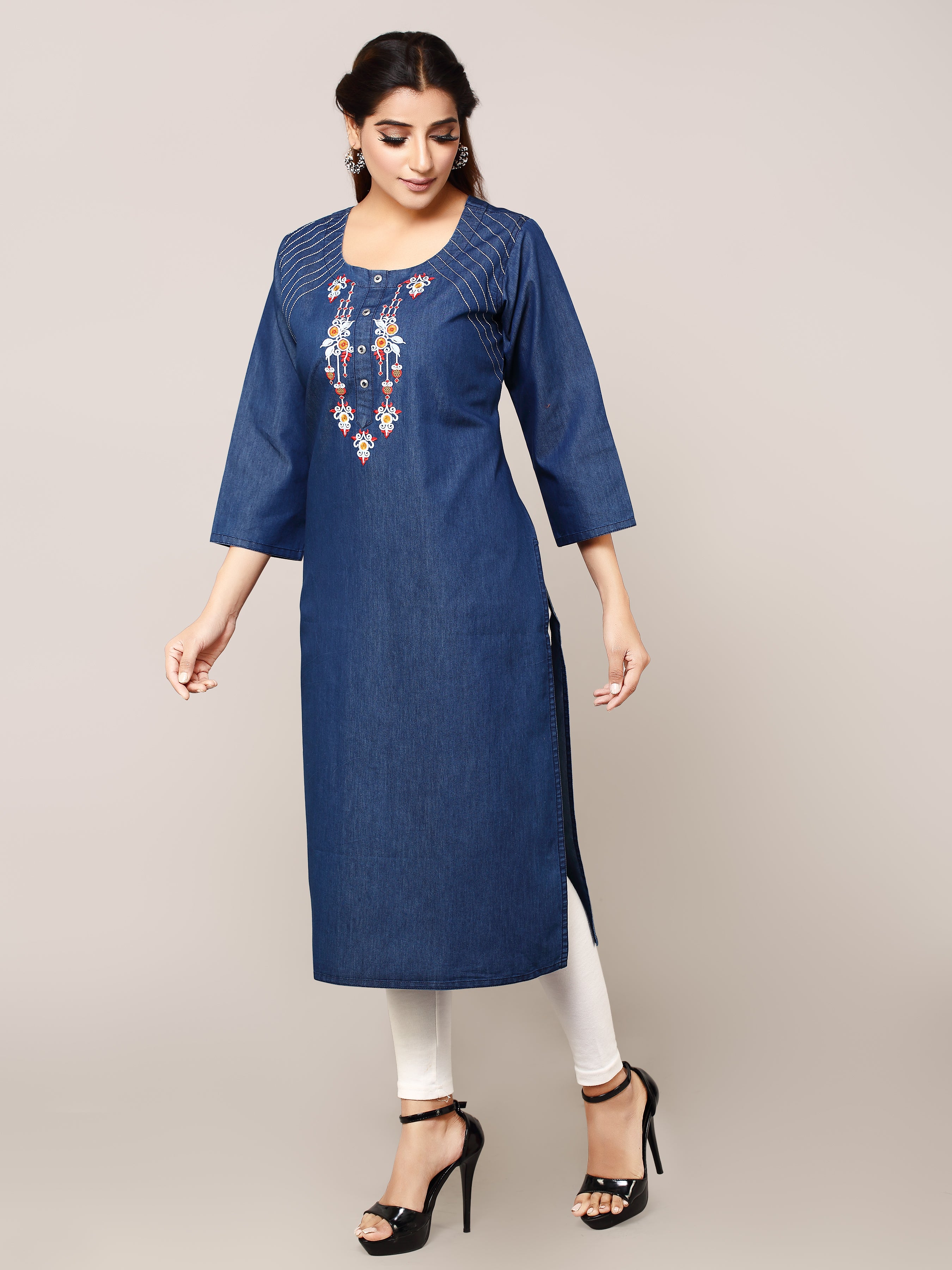 Denim Embroidered Kurta