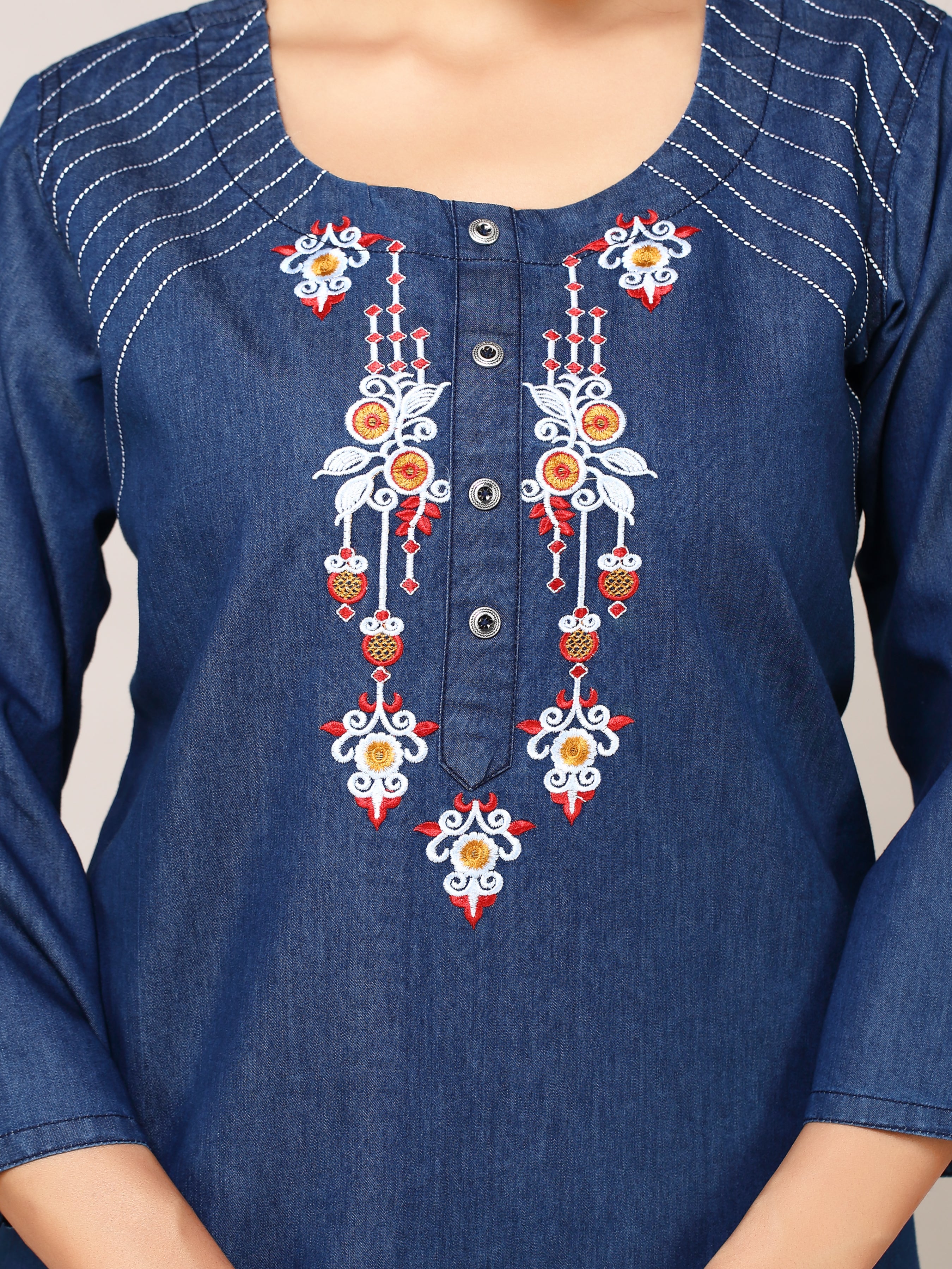 Denim Embroidered Kurta