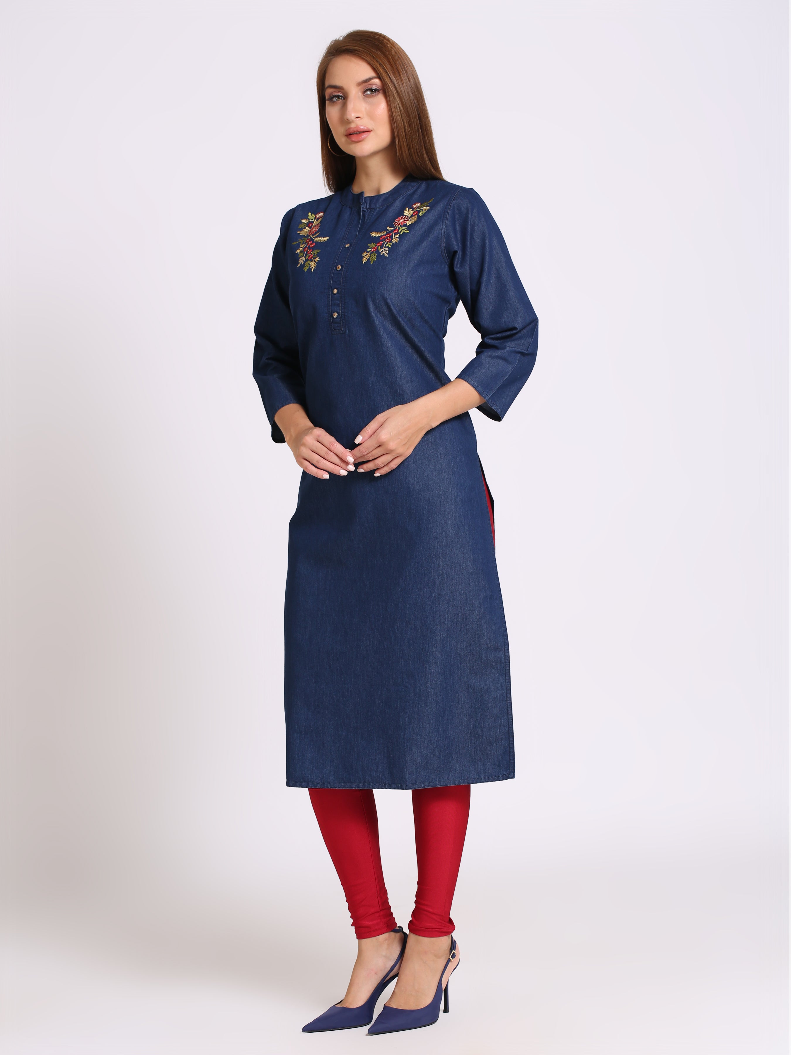 Denim Embroidered Kurta