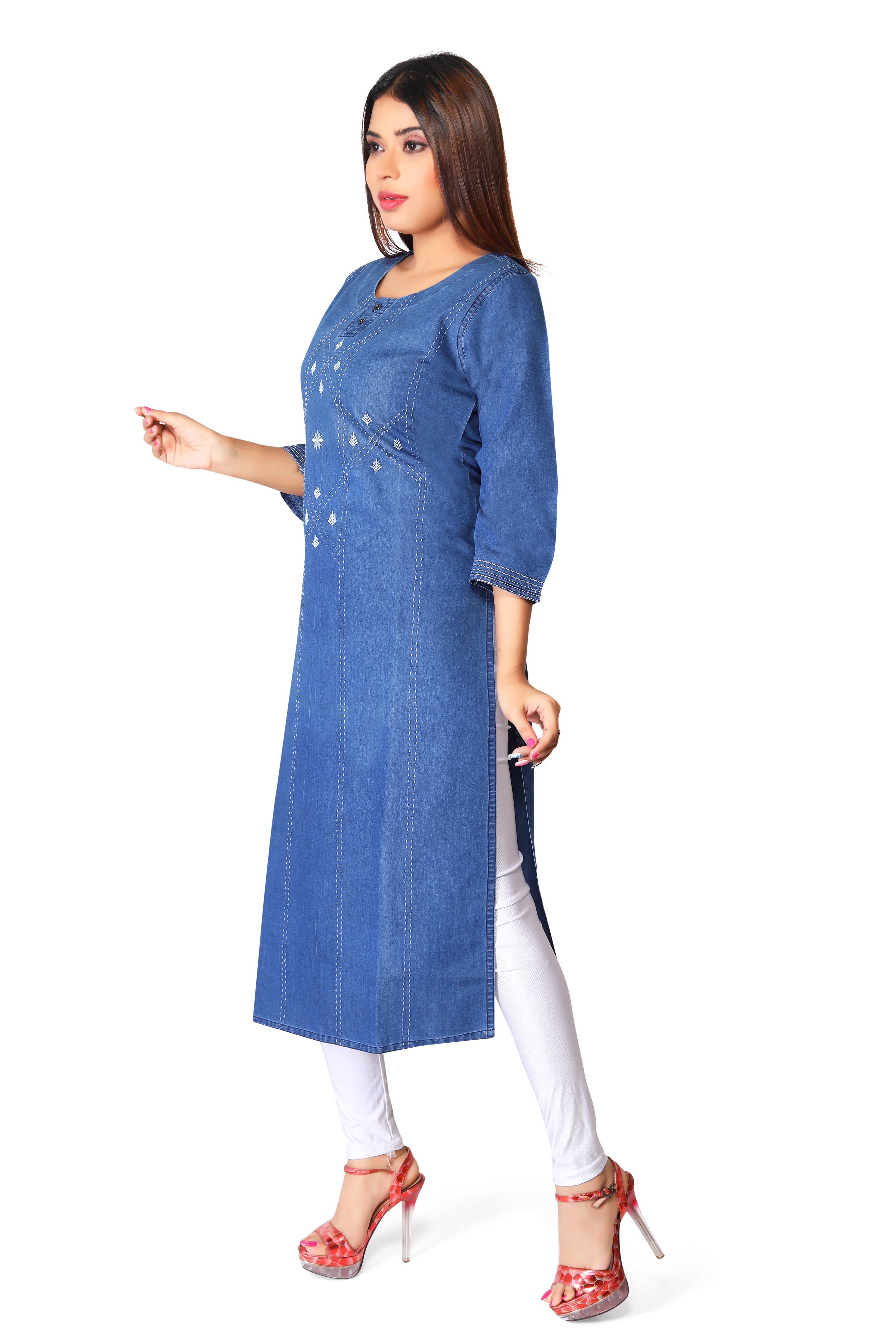 Denim Embroidered Kurta