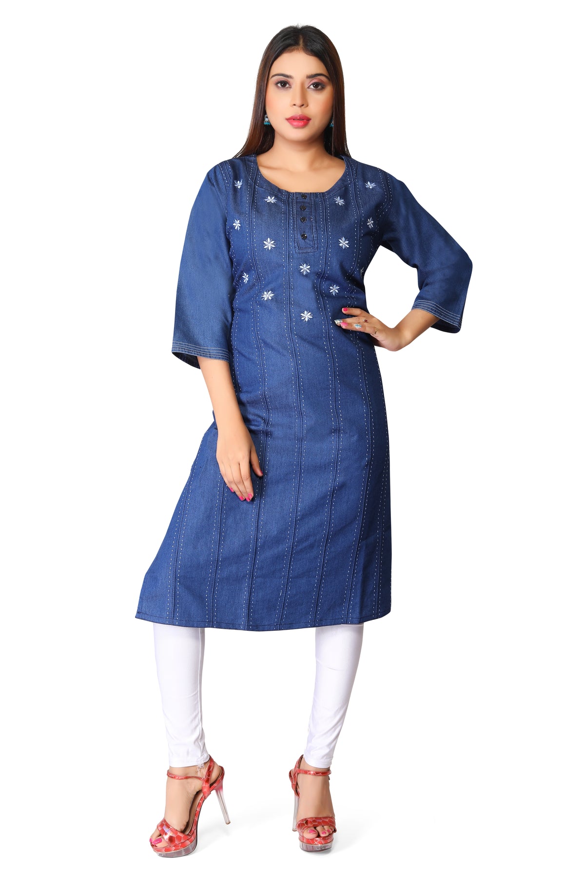 Denim Embroidered Kurta