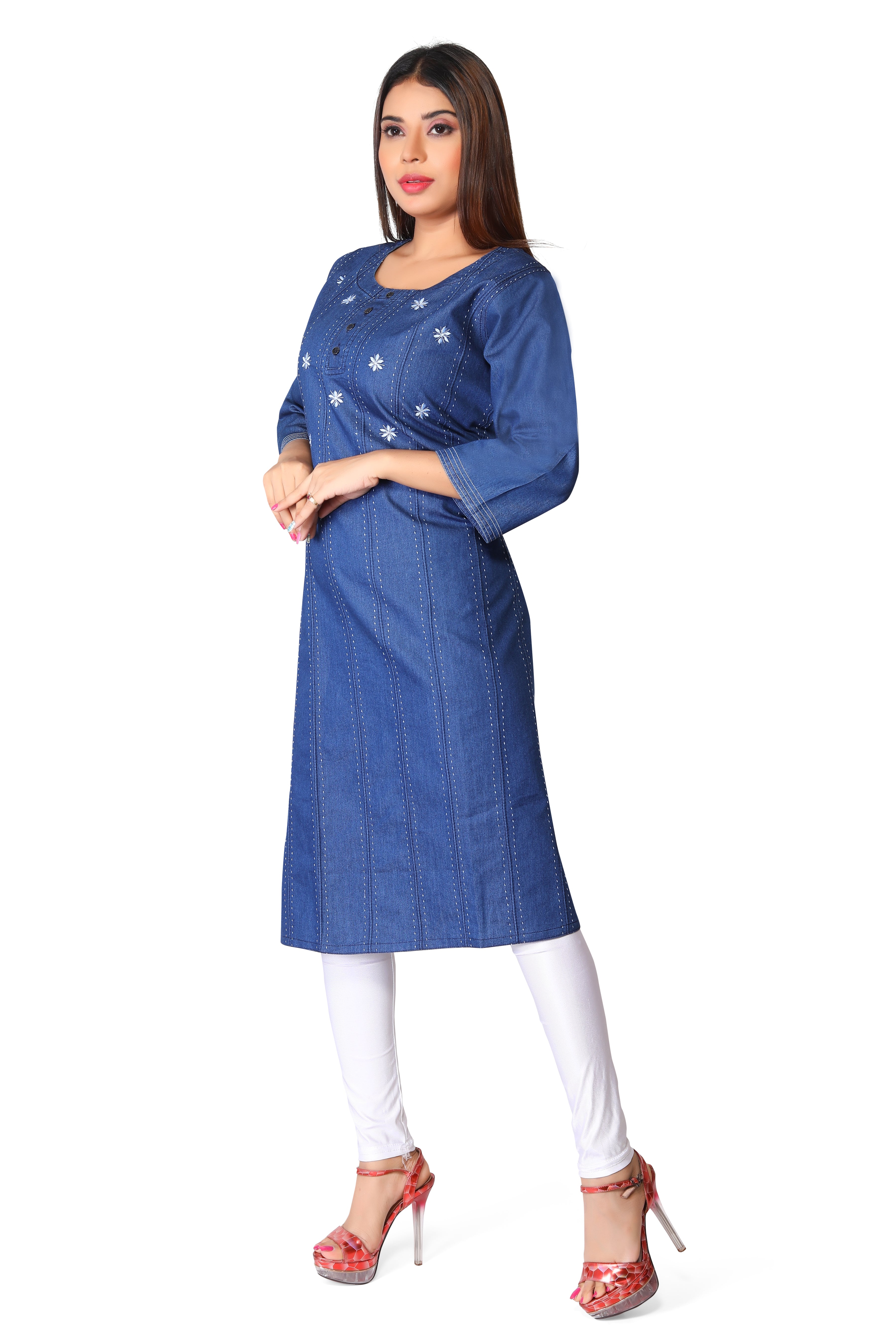 Denim Embroidered Kurta
