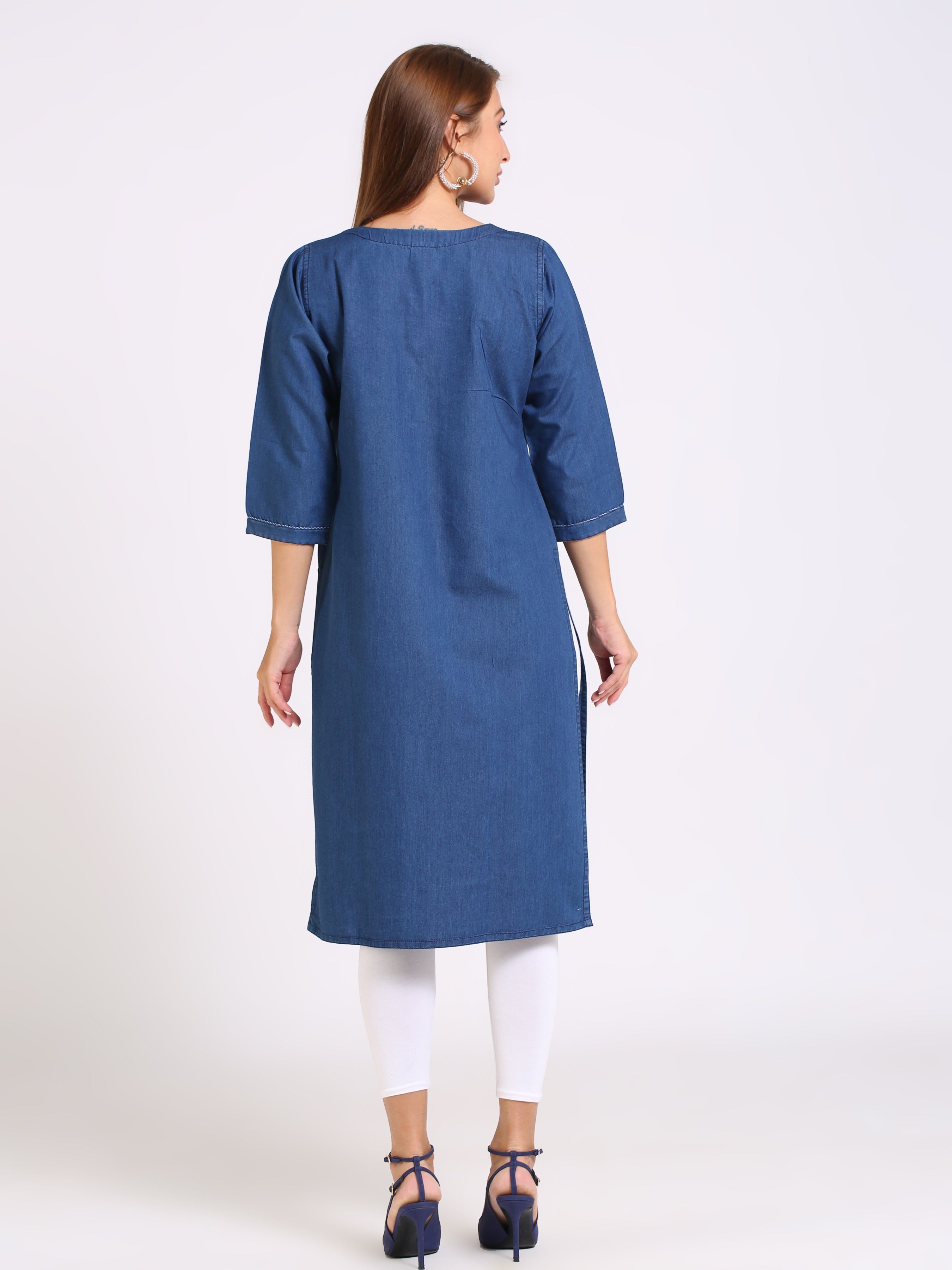 Denim Solid Kantha Work Kurta Patti with Button Round Neck Kurta