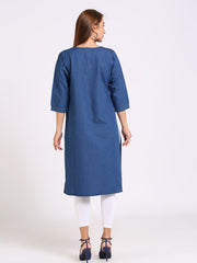 Denim Solid Kantha Work Kurta Patti with Button Round Neck Kurta