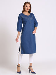 Denim Solid Kantha Work Kurta Patti with Button Round Neck Kurta