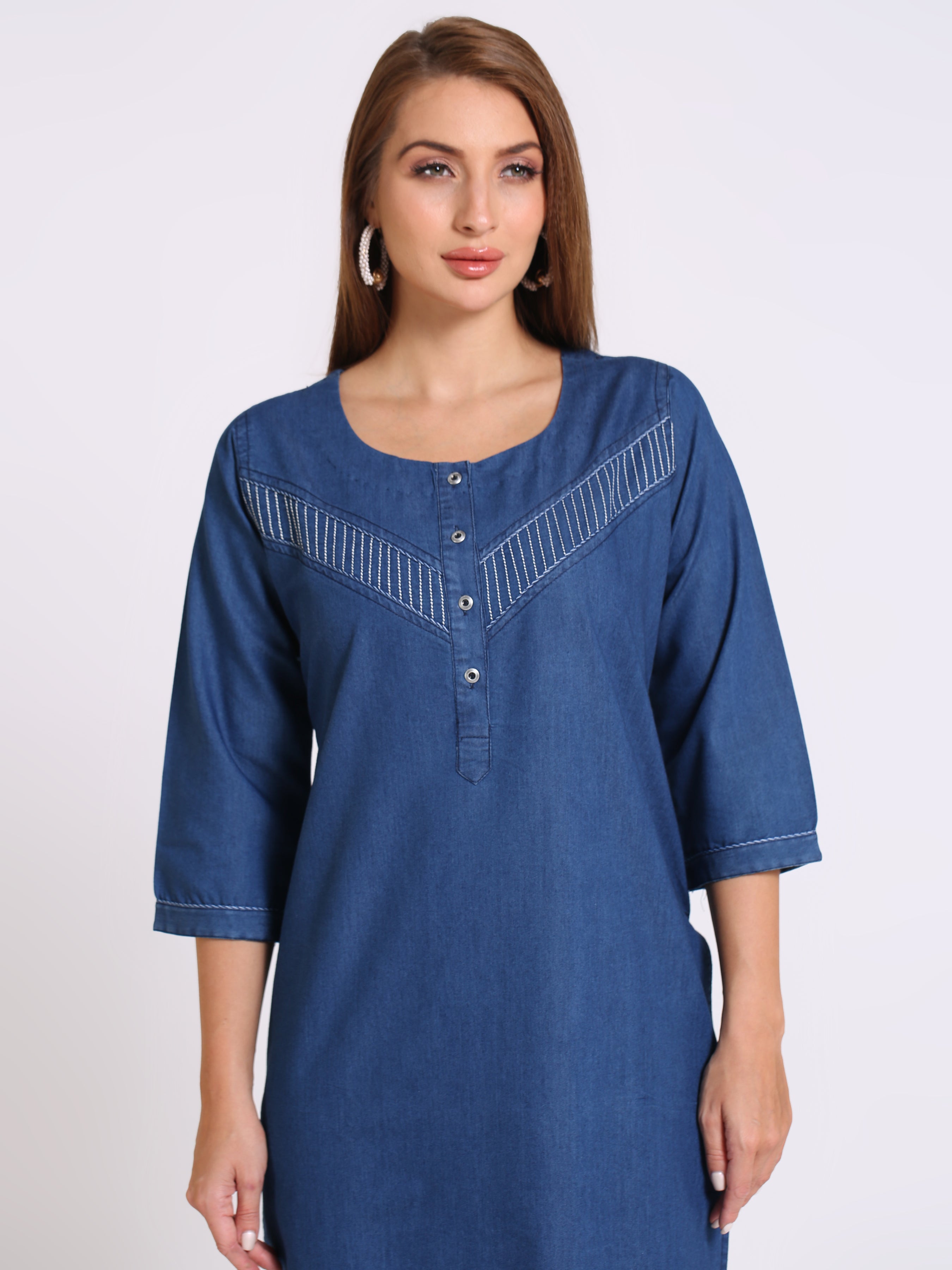 Denim Solid Kantha Work Kurta Patti with Button Round Neck Kurta