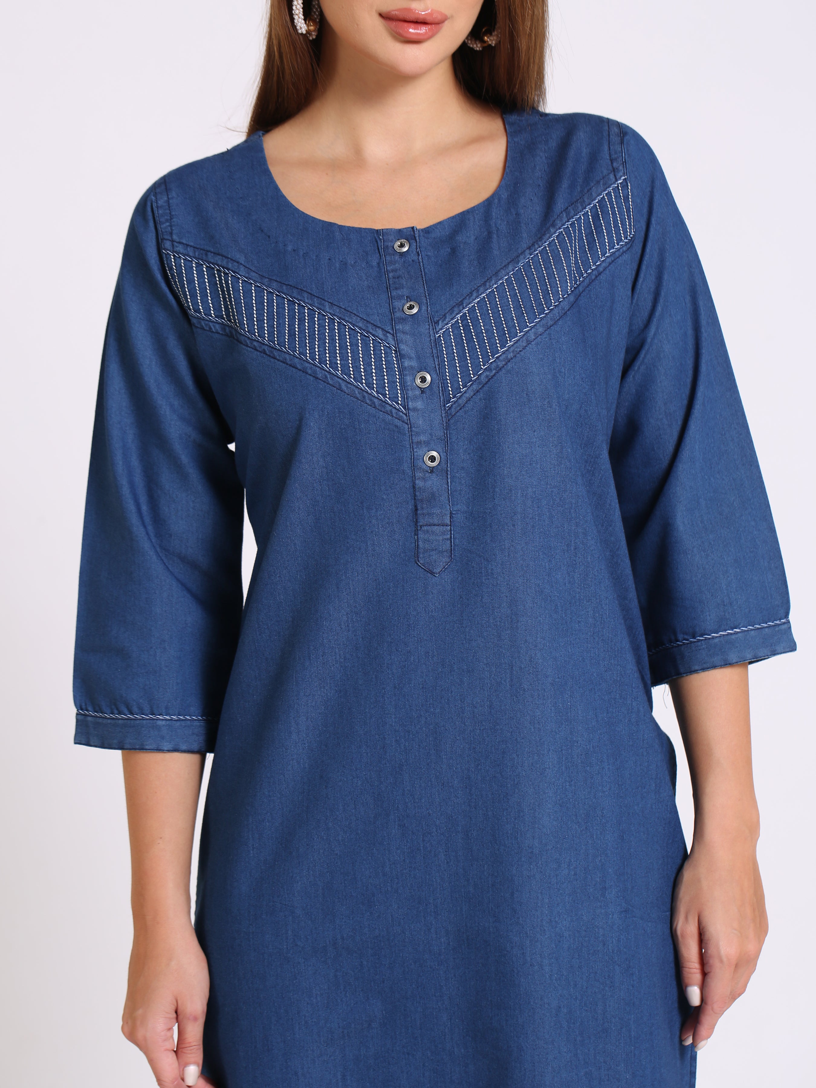 Denim Solid Kantha Work Kurta Patti with Button Round Neck Kurta