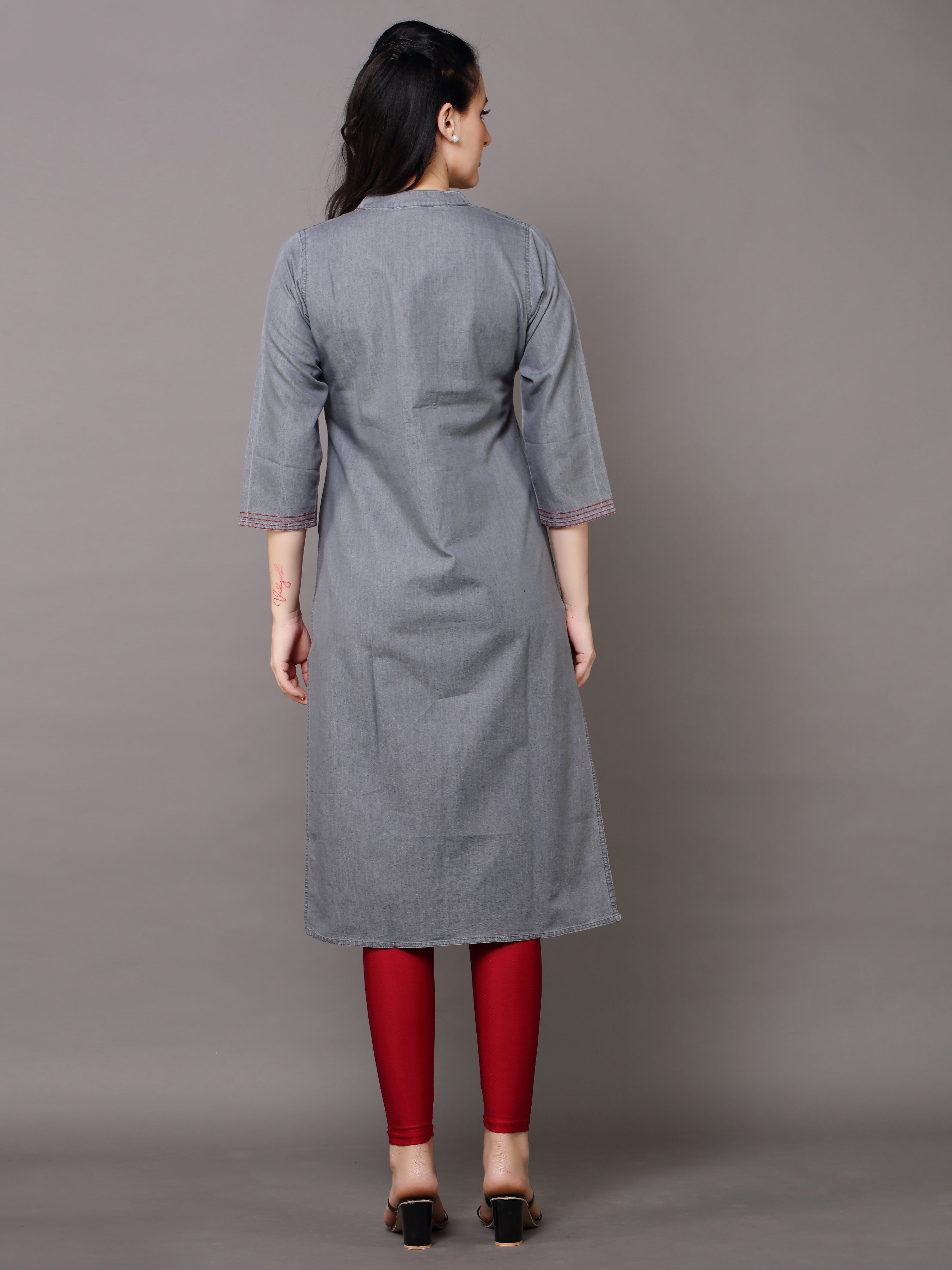 Denim Embroidered Butta up down Mandarine Collar Kurta