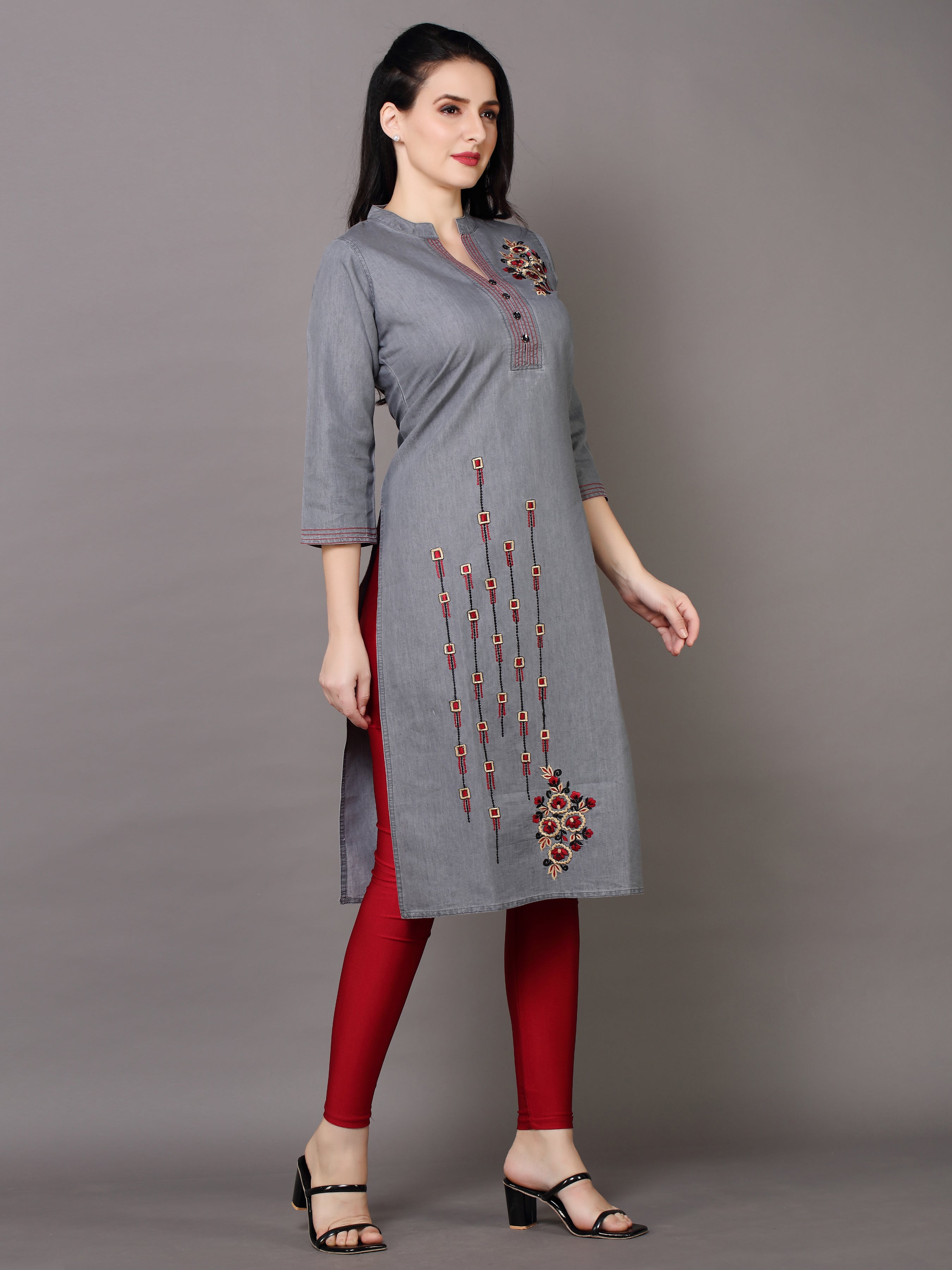 Denim Embroidered Butta up down Mandarine Collar Kurta