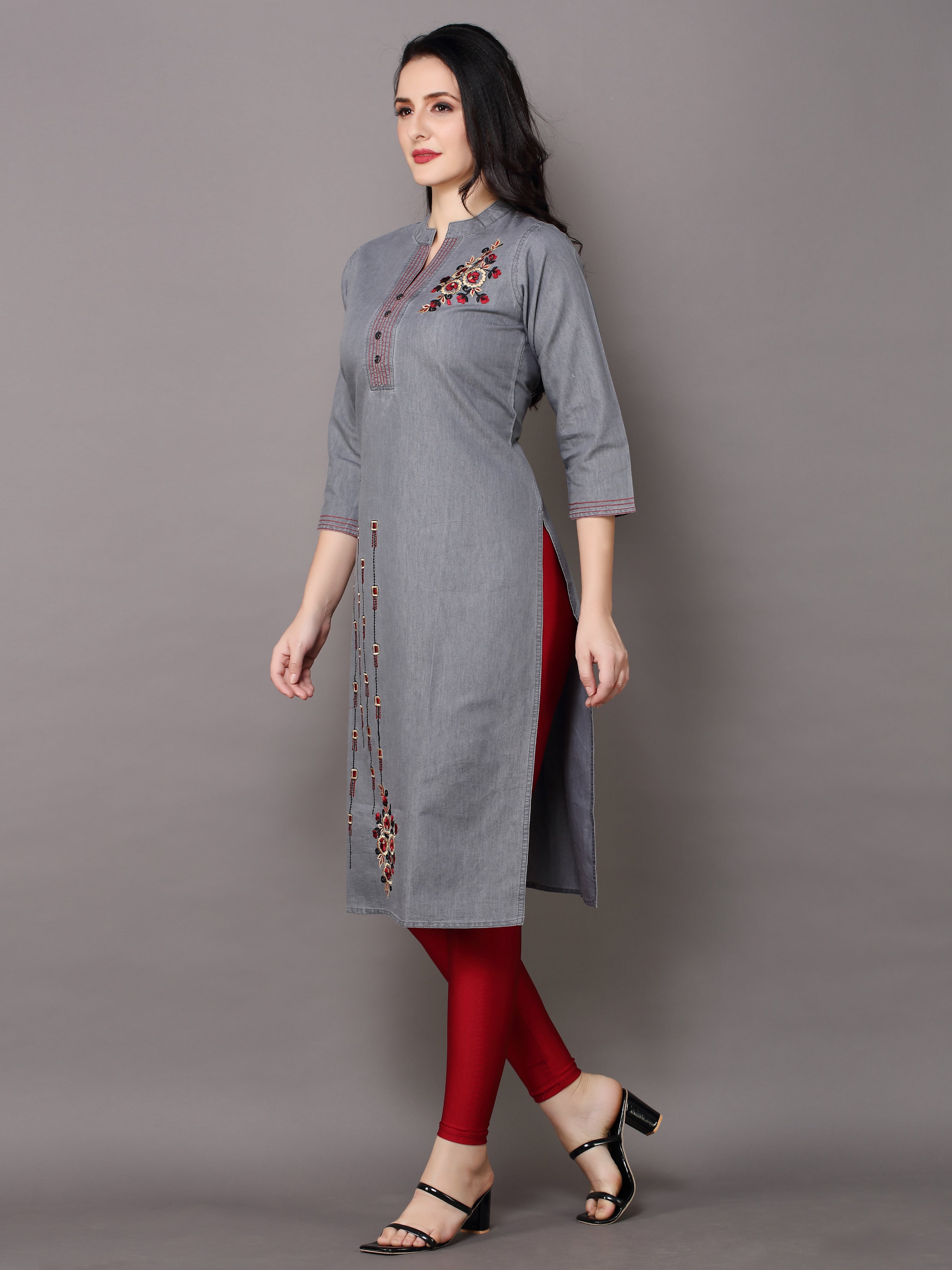 Denim Embroidered Butta up down Mandarine Collar Kurta
