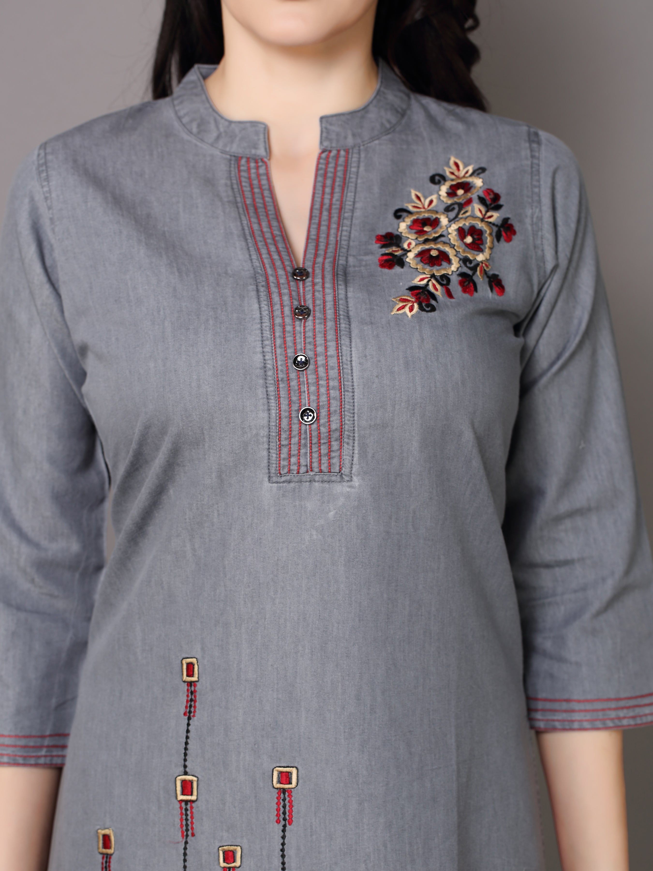 Denim Embroidered Butta up down Mandarine Collar Kurta