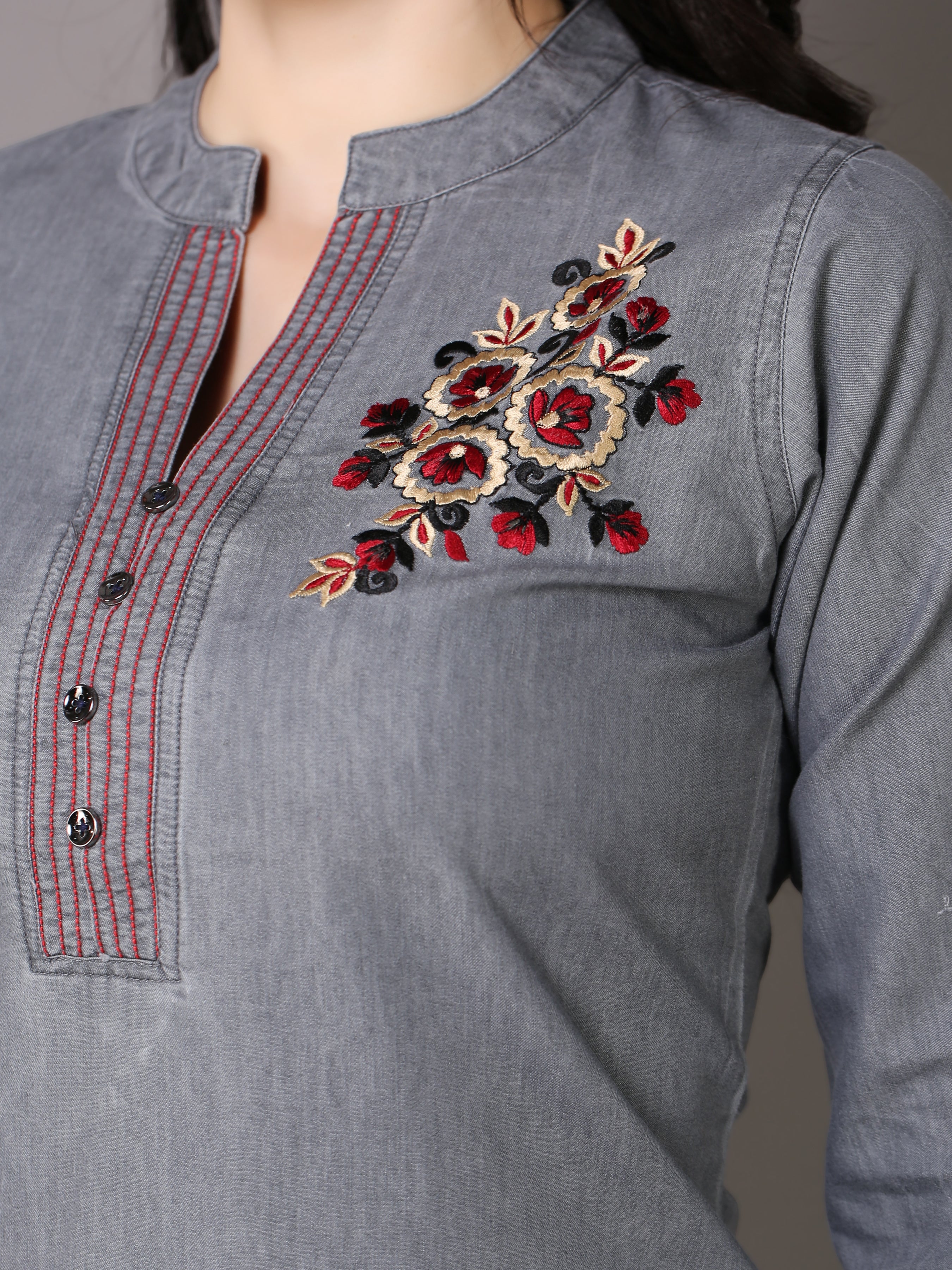 Denim Embroidered Butta up down Mandarine Collar Kurta