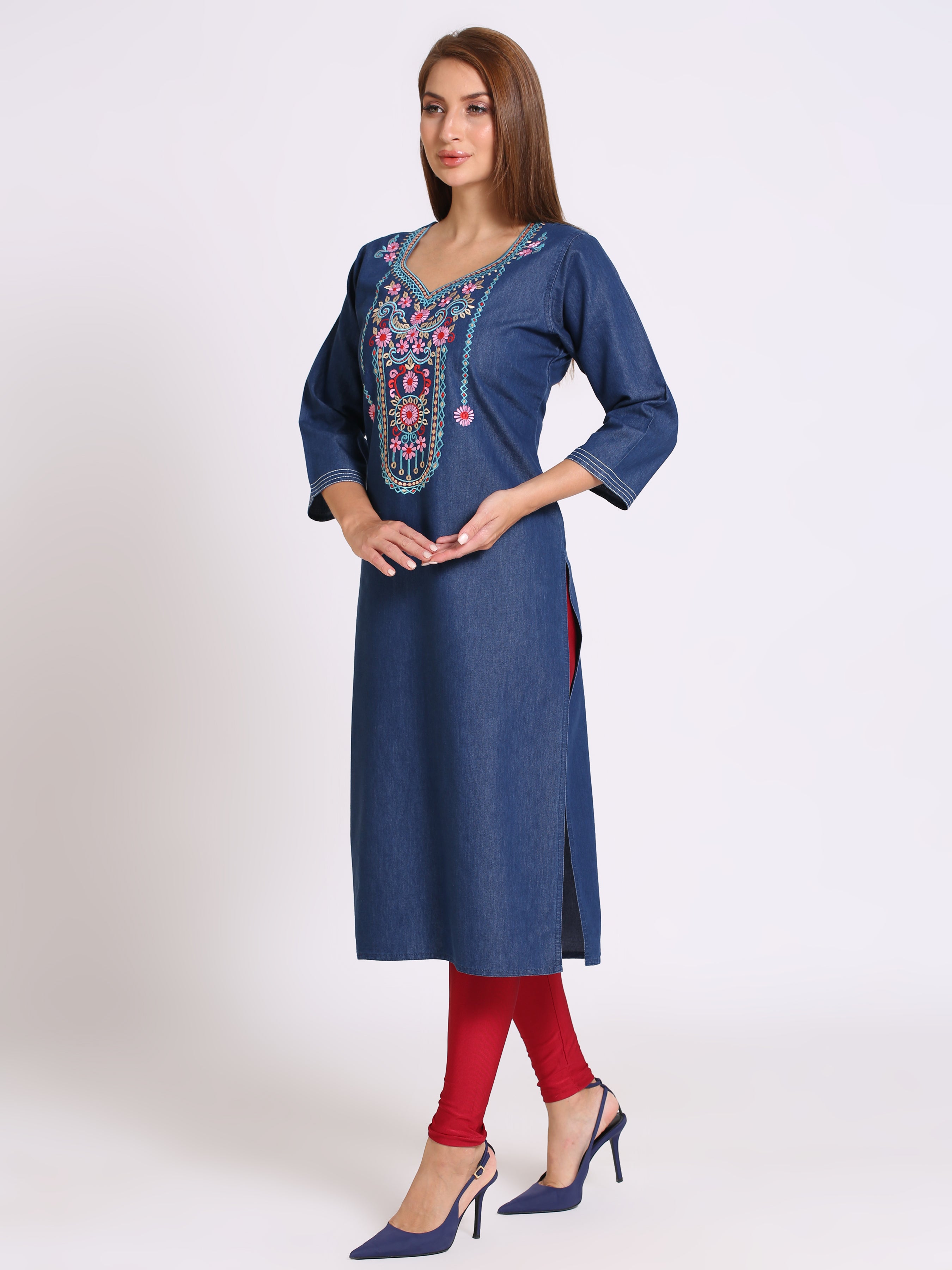 Denim Embroidered Kurta