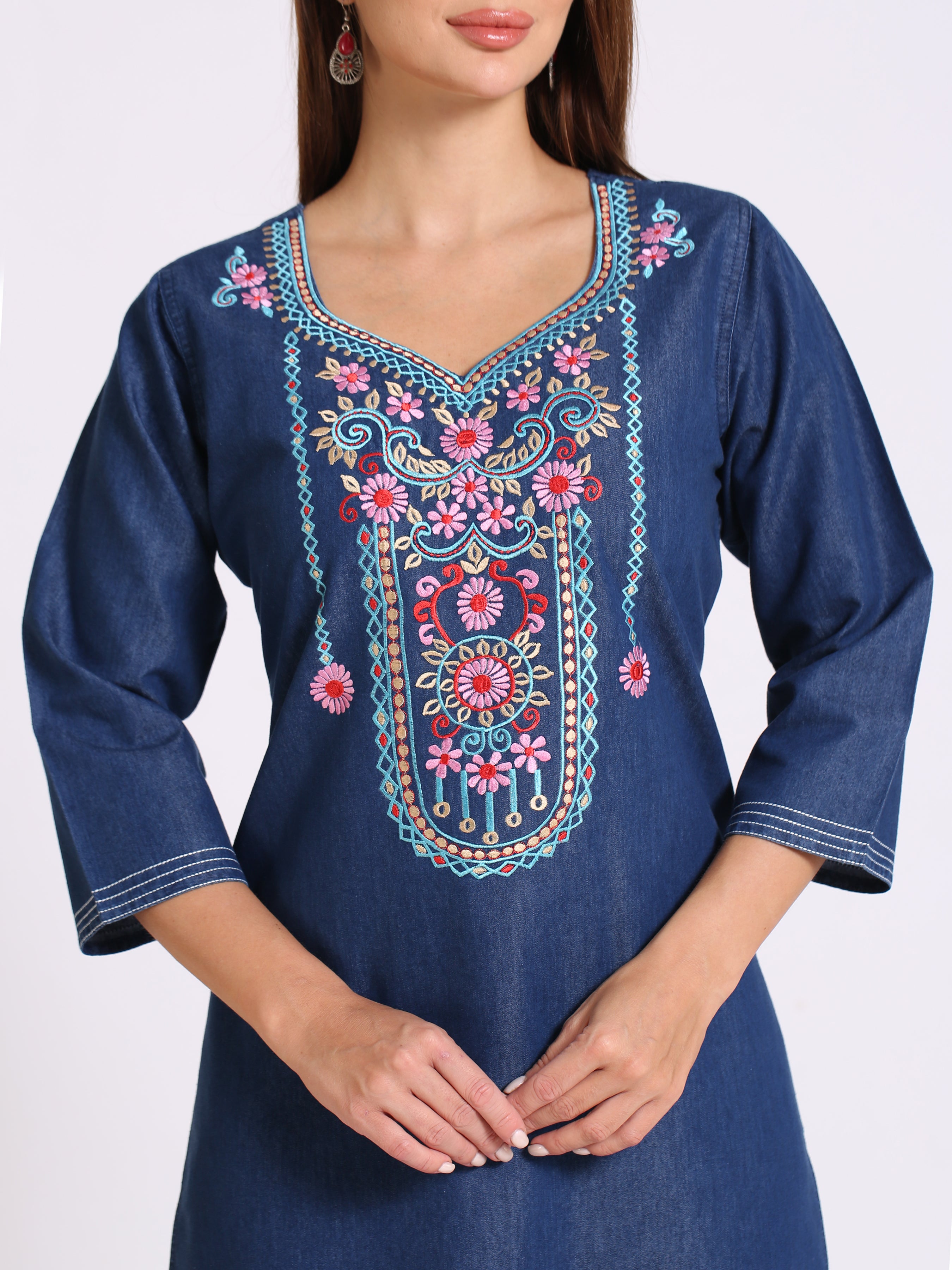 Denim Embroidered Kurta